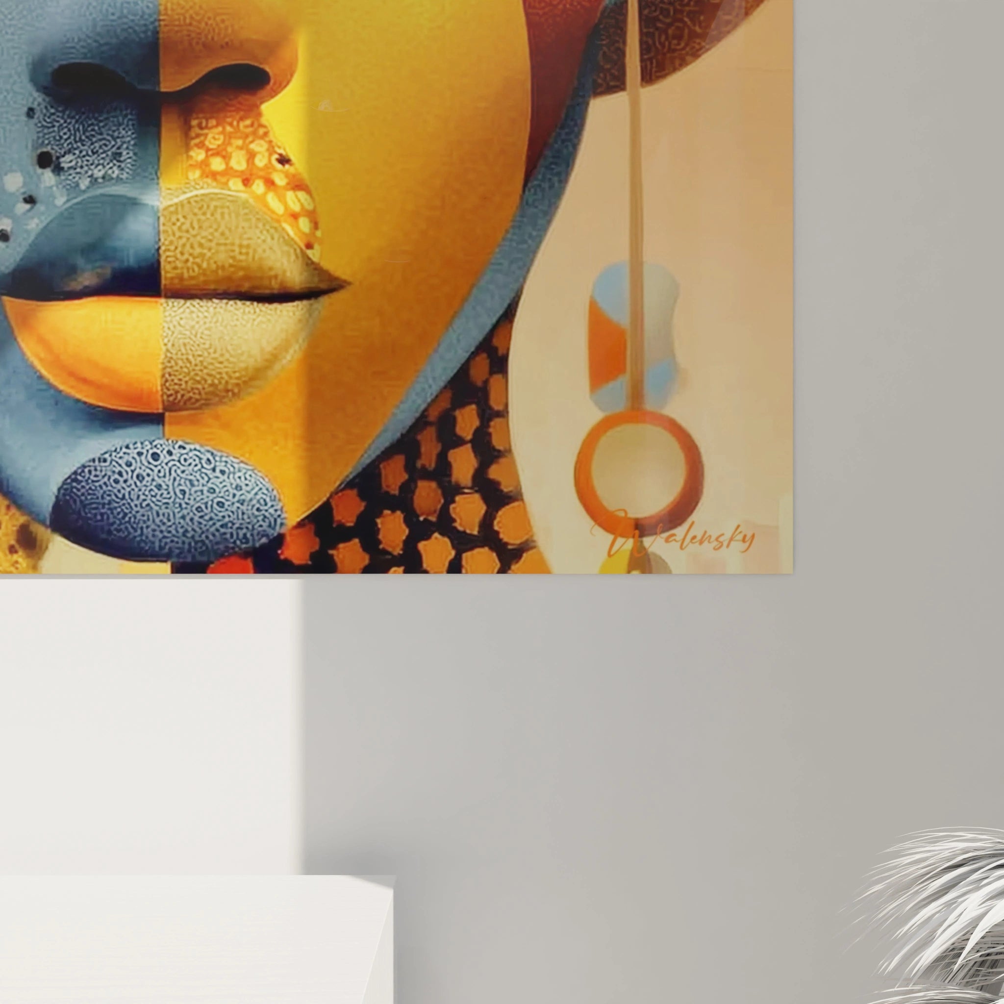 Tableau mural visage africain ocre et azur de Walensky, œuvre vibrante pour décoration intérieure