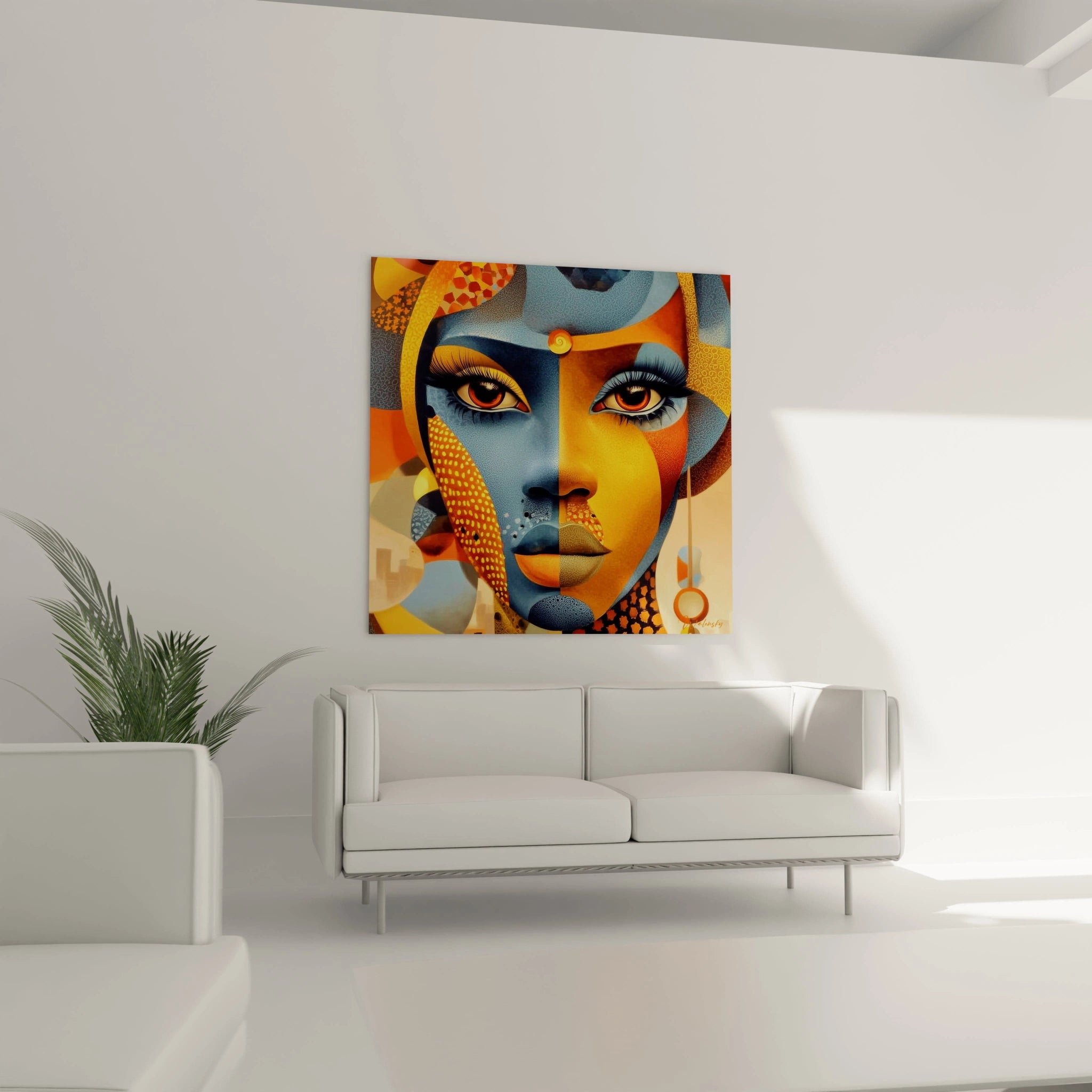 Tableau mural visage africain ocre et azur sur un mur blanc dans un intérieur moderne.