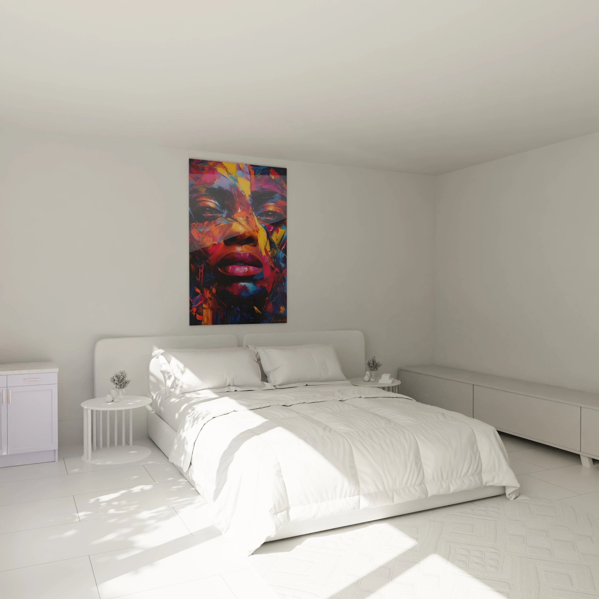 Tableau visage africain coloré de Walensky accroché au mur d'une chambre moderne et lumineuse