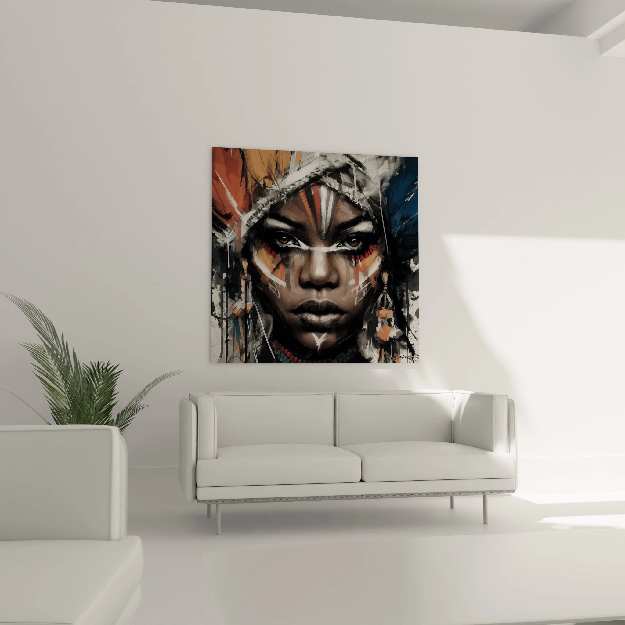Tableau visage africain art mural de Walensky avec des couleurs vibrantes sur un mur moderne
