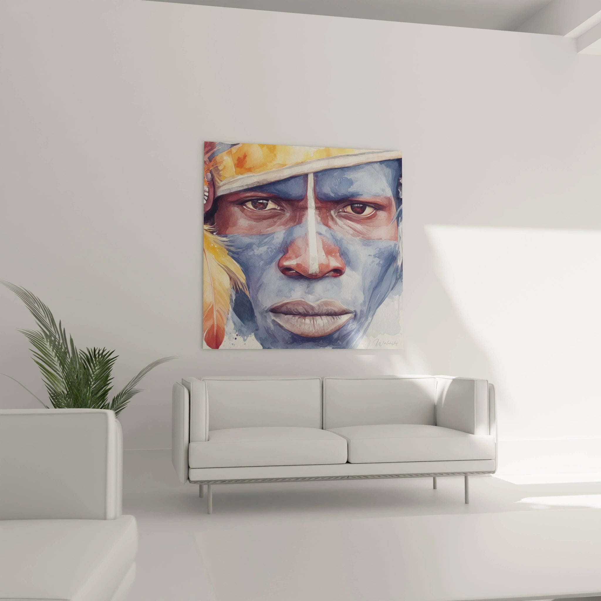 Tableau mural visage africain coloré, accroché au mur au-dessus d'un canapé moderne