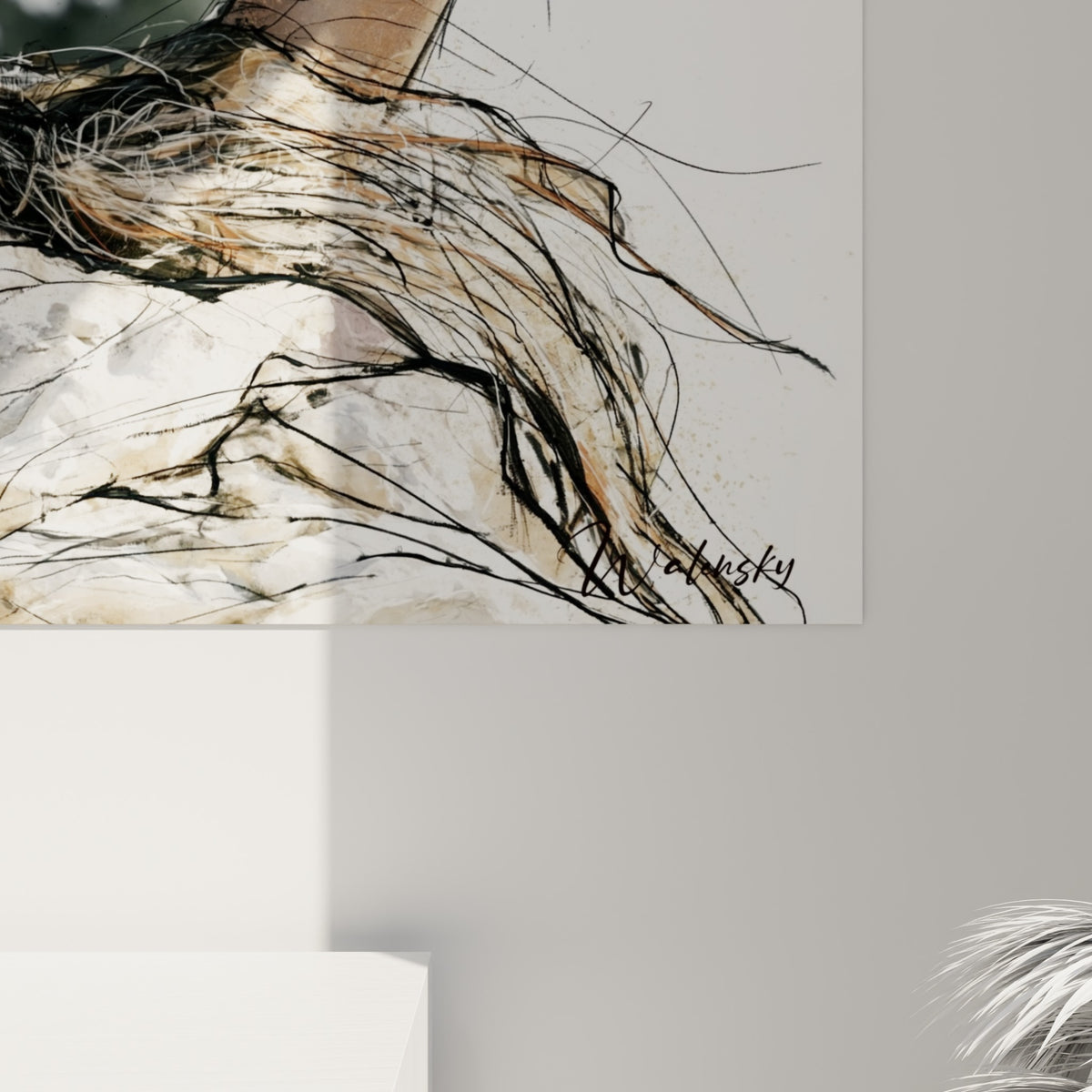 Chevelure anthracite en traits enchevêtrés, empâtements beige et ocre visibles sur la toile
