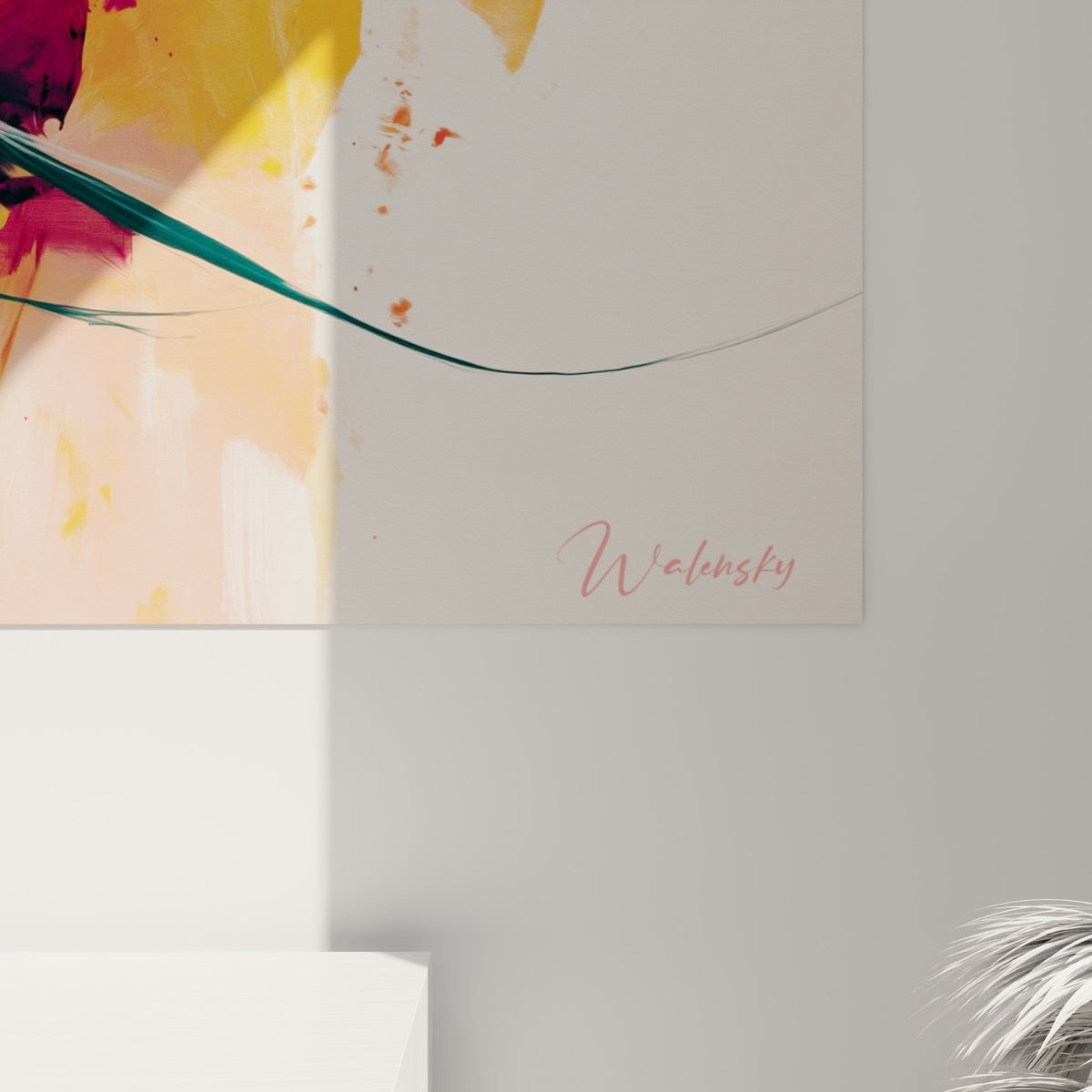 Empâtements orangés et coulures fuchsia se mêlant au vert sombre sur la toile du portrait voilé