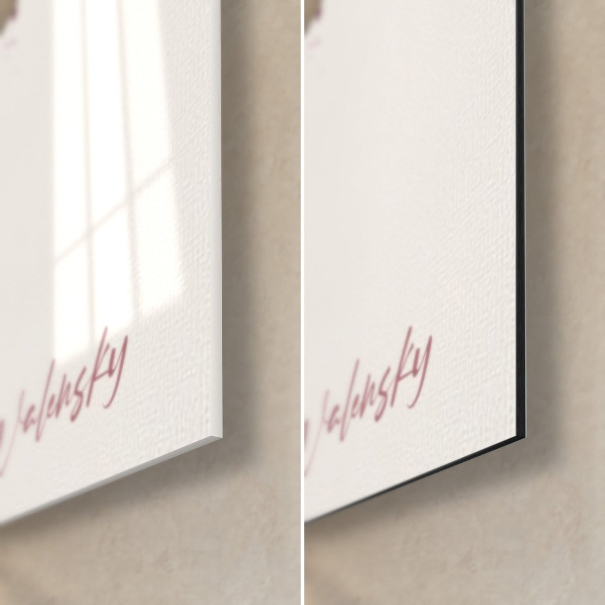 Tableau visage féminin ocre et prune, coin bas droit : signature Walensky rose sur verre brillant à gauche, Dibond mat à droite