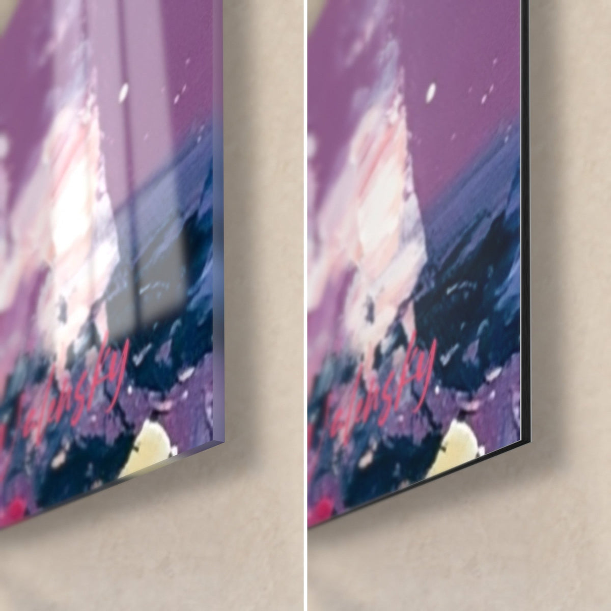 Wall art pensive woman in orange and violet tones, bottom right corner: glossy acrylic glass on the left, matte Dibond aluminium on the right, 3 mm edge