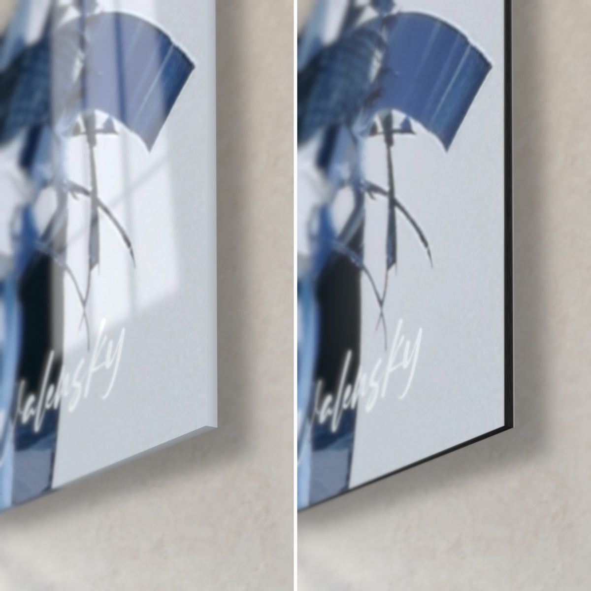 Wall art female figure in blue and white collage, bottom right corner: glossy acrylic glass on the left, matte Dibond aluminium on the right
