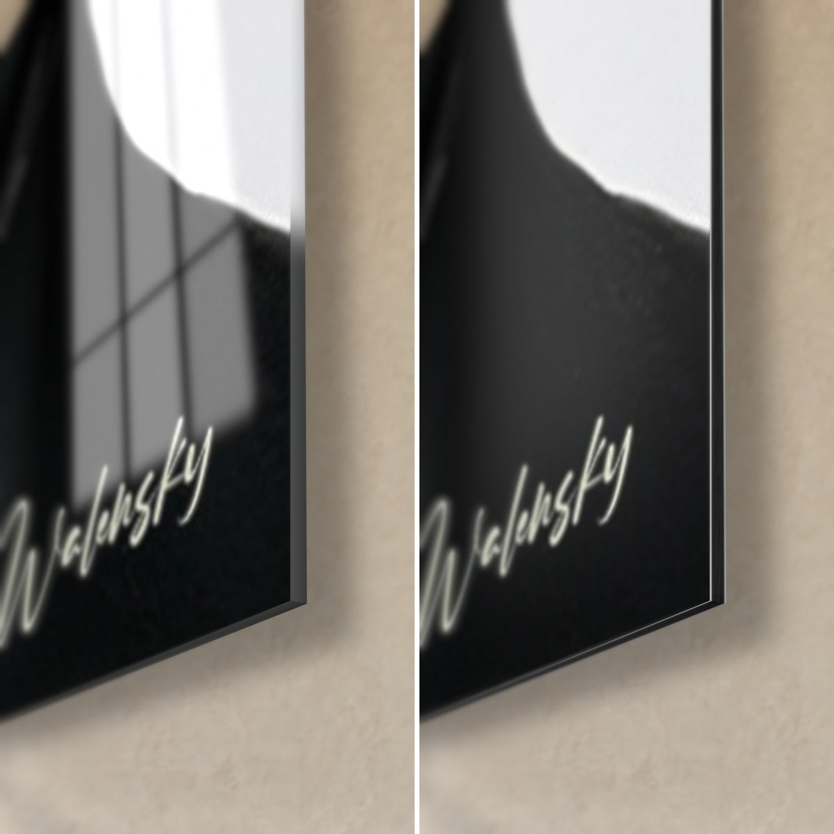 Wall art pale mask with gold-veiled eyes, bottom right corner: glossy acrylic glass and matte black Dibond, thin edge