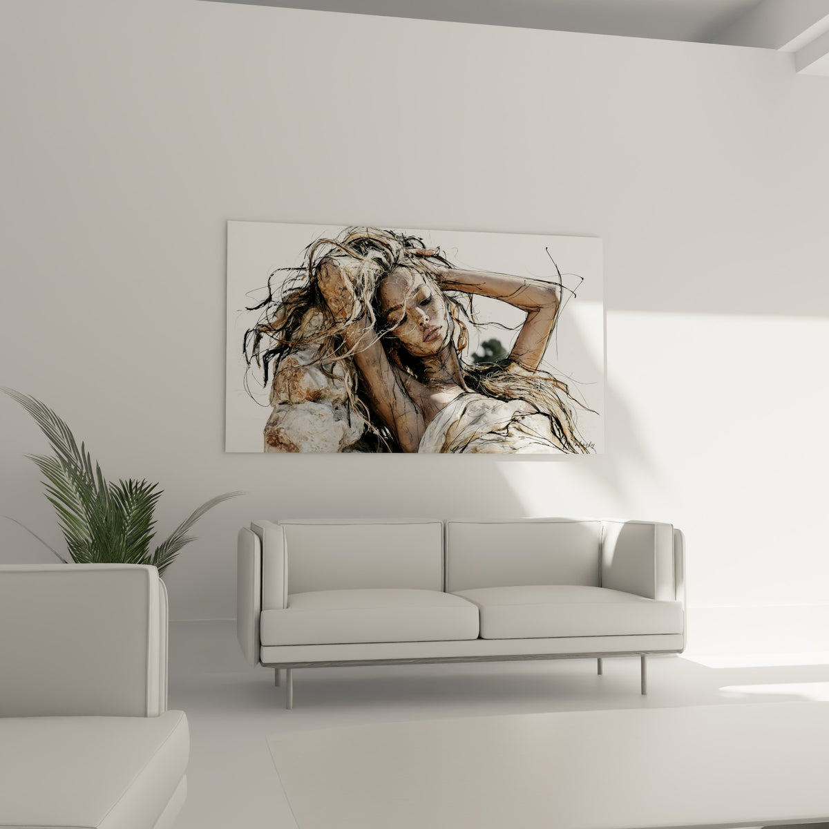 Portrait esquissé aux tons beige et noir, yeux clos, au-dessus d'un canapé dans un salon lumineux