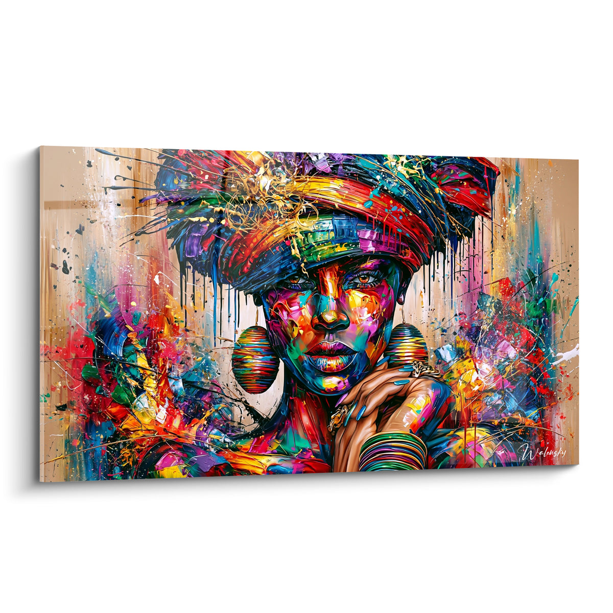 Femme au turban rouge et bleu marine, visage éclaté de couleurs fauves et dorées, style aquarelle