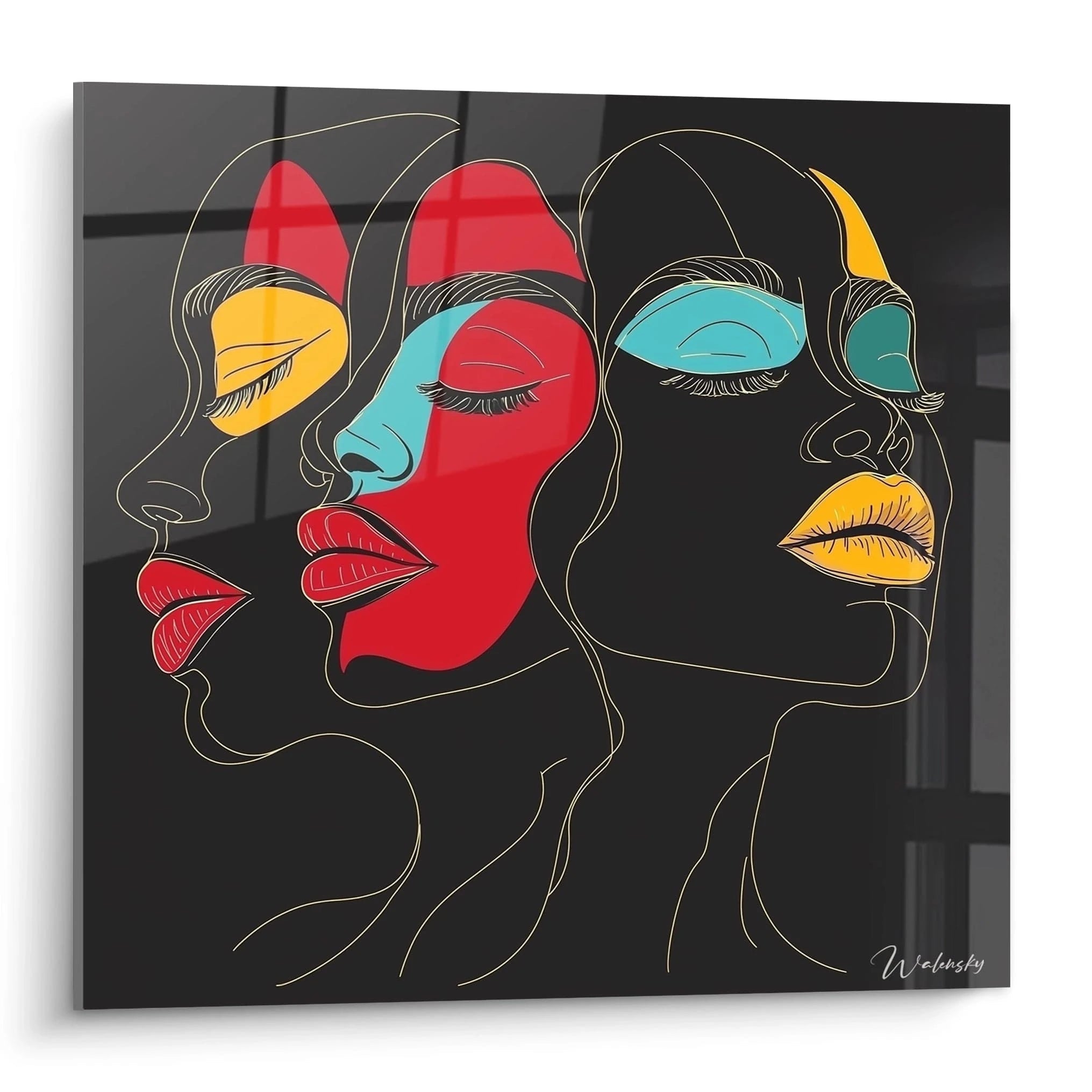 Tableau africain mural Walensky représentant trois visages colorés en lignes fines sur fond noir