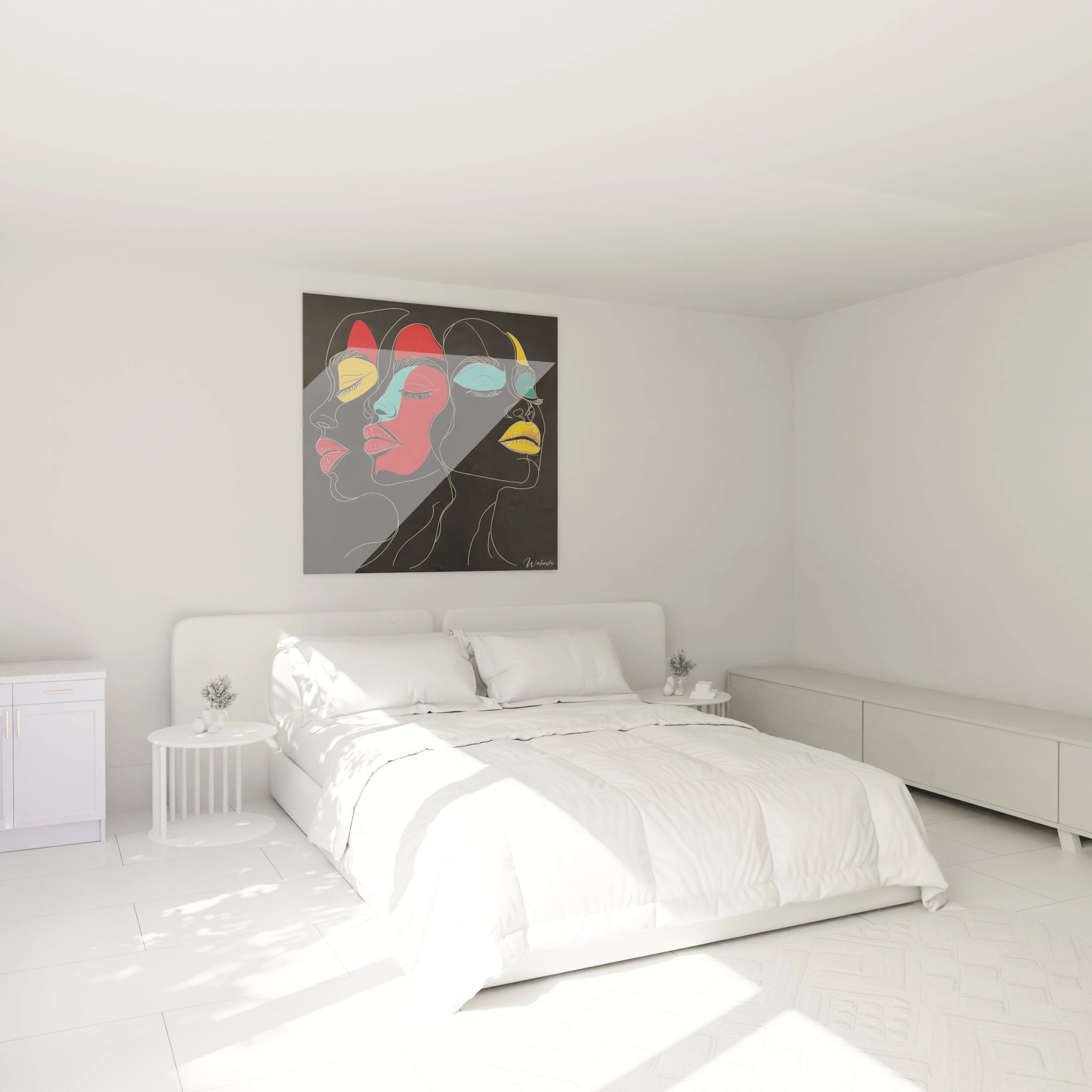 Tableau africain mural Walensky représentant un léopard dans une chambre moderne au décor blanc