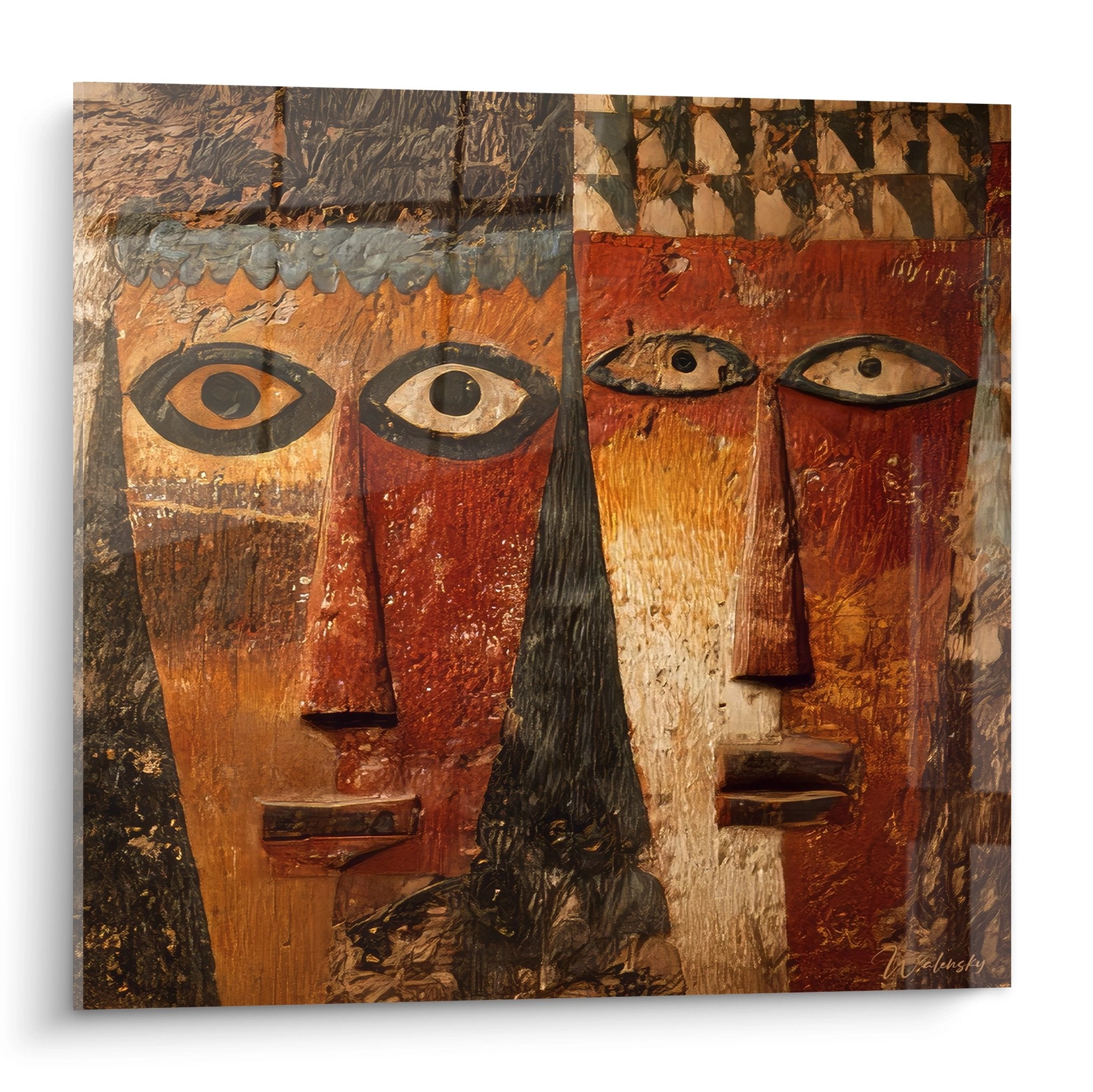 Tableau mural africain représentant deux visages stylisés aux couleurs ocre et rouge, art ethnique contemporain