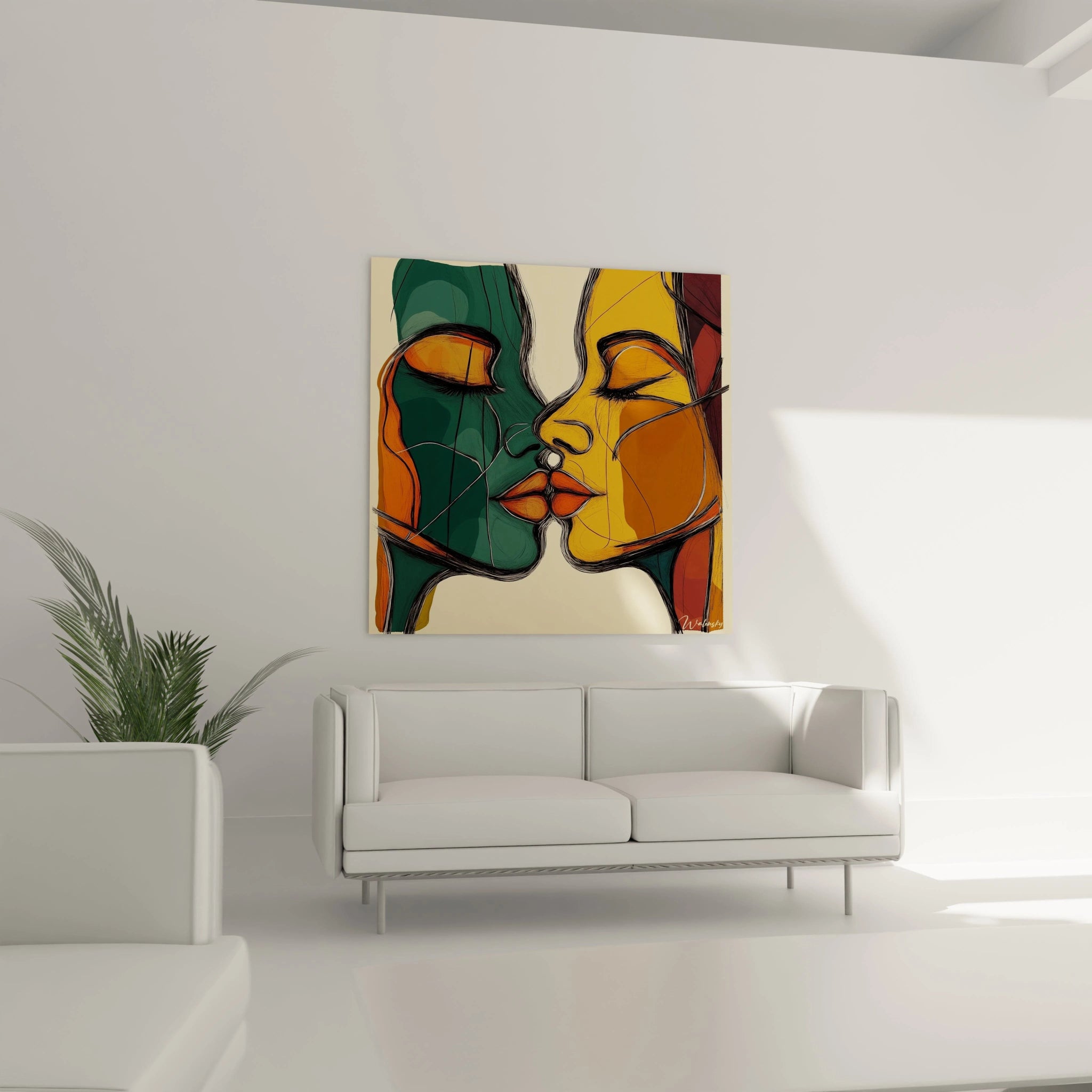 Un tableau visage abstrait contemporain illustrant un baiser entre deux profils stylisés, caractérisé par un contraste marqué entre vert profond et jaune lumineux, avec des traits noirs énergiques et des lèvres orange, sur une texture plane et épurée.