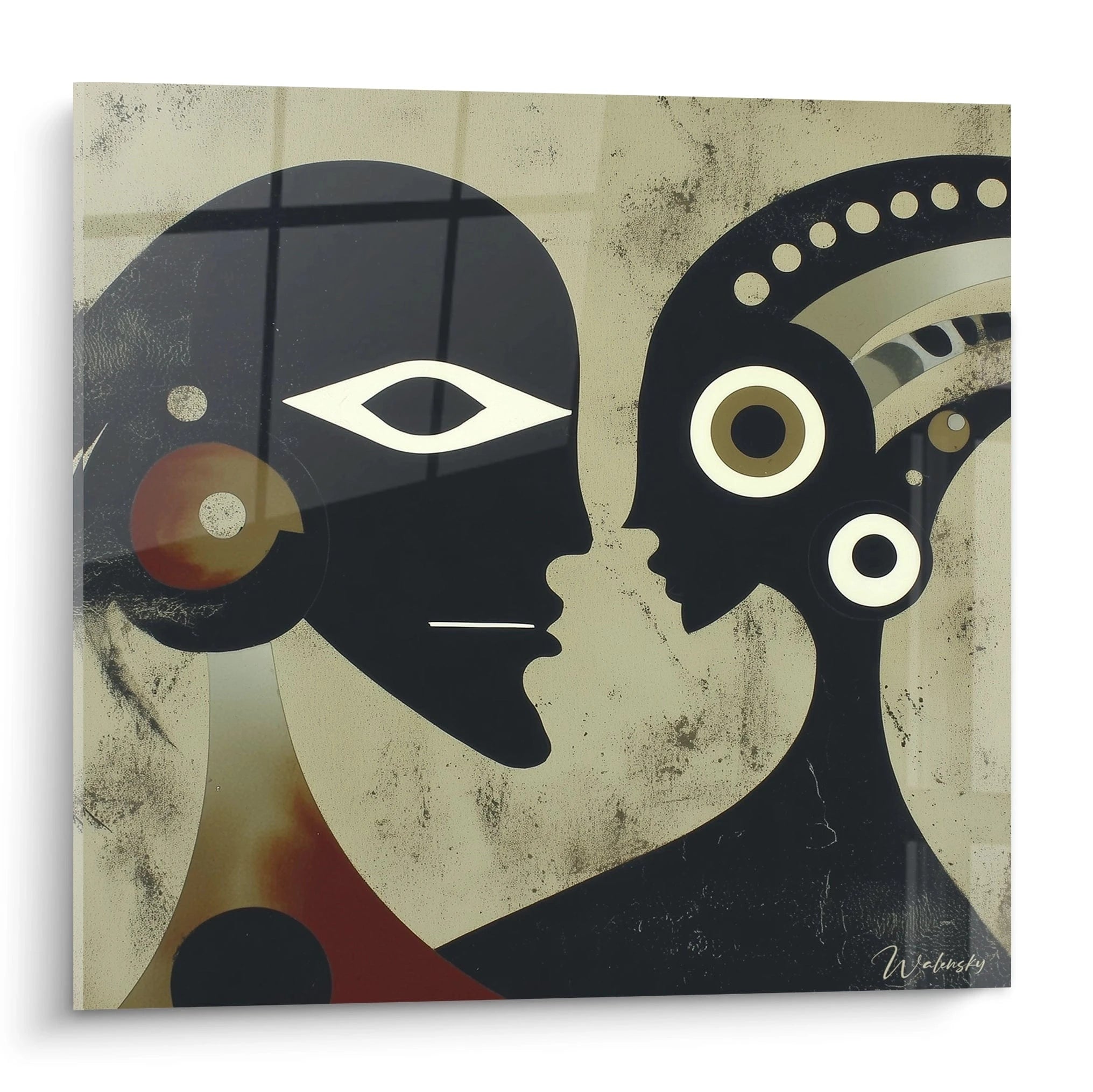 Walensky tableau art tribal moderne carré représentant deux visages stylisés en profil sur fond beige