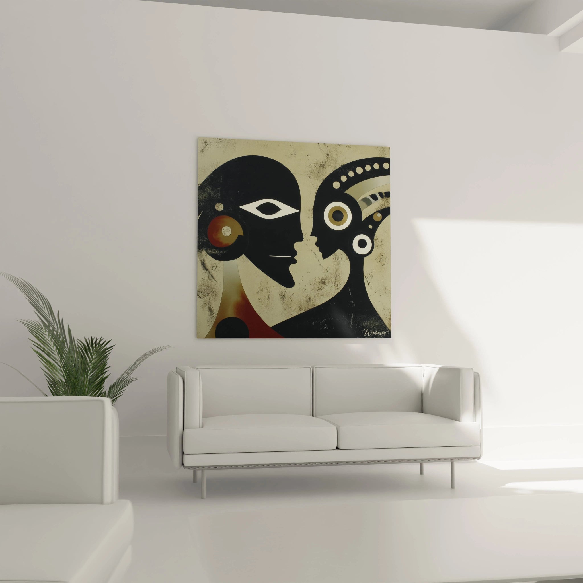 Tableau mural Walensky deux visages stylisés noir beige rouge tableau art tribal moderne salon