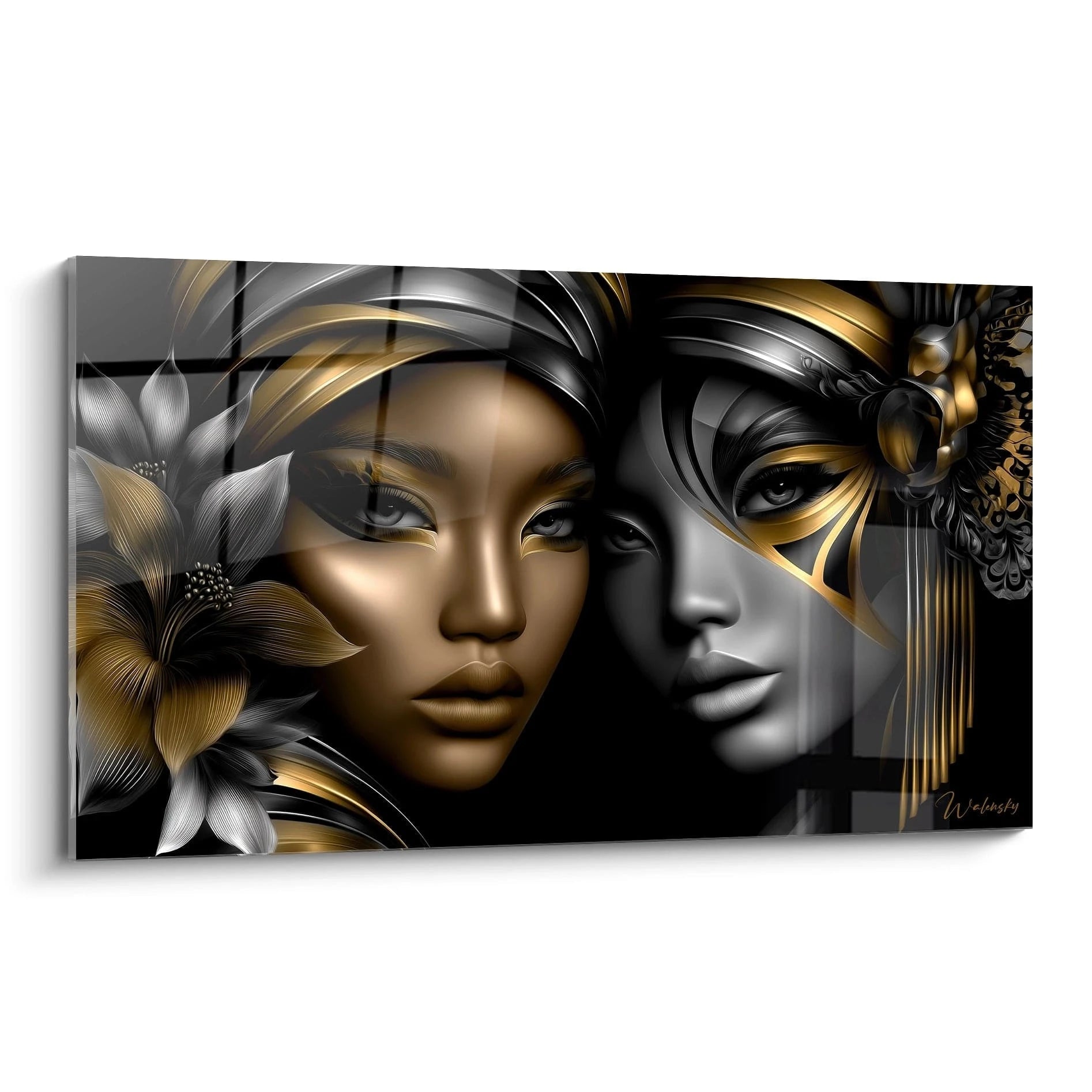 Tableau mural dualité féminine or noir avec visages stylisés et ornements dorés