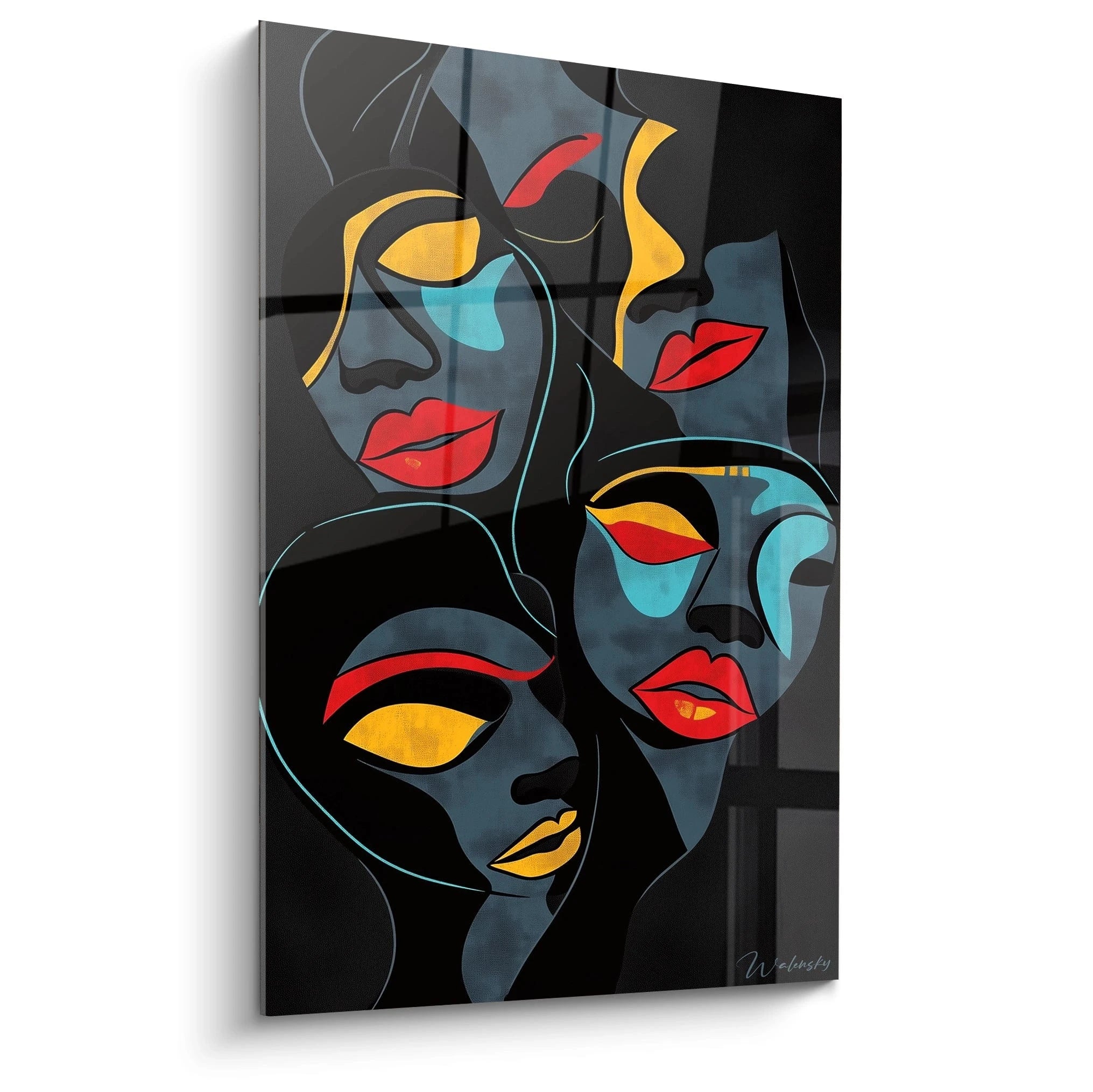 Tableau africain mural Walensky avec visages stylisés en couleurs vives sur fond noir