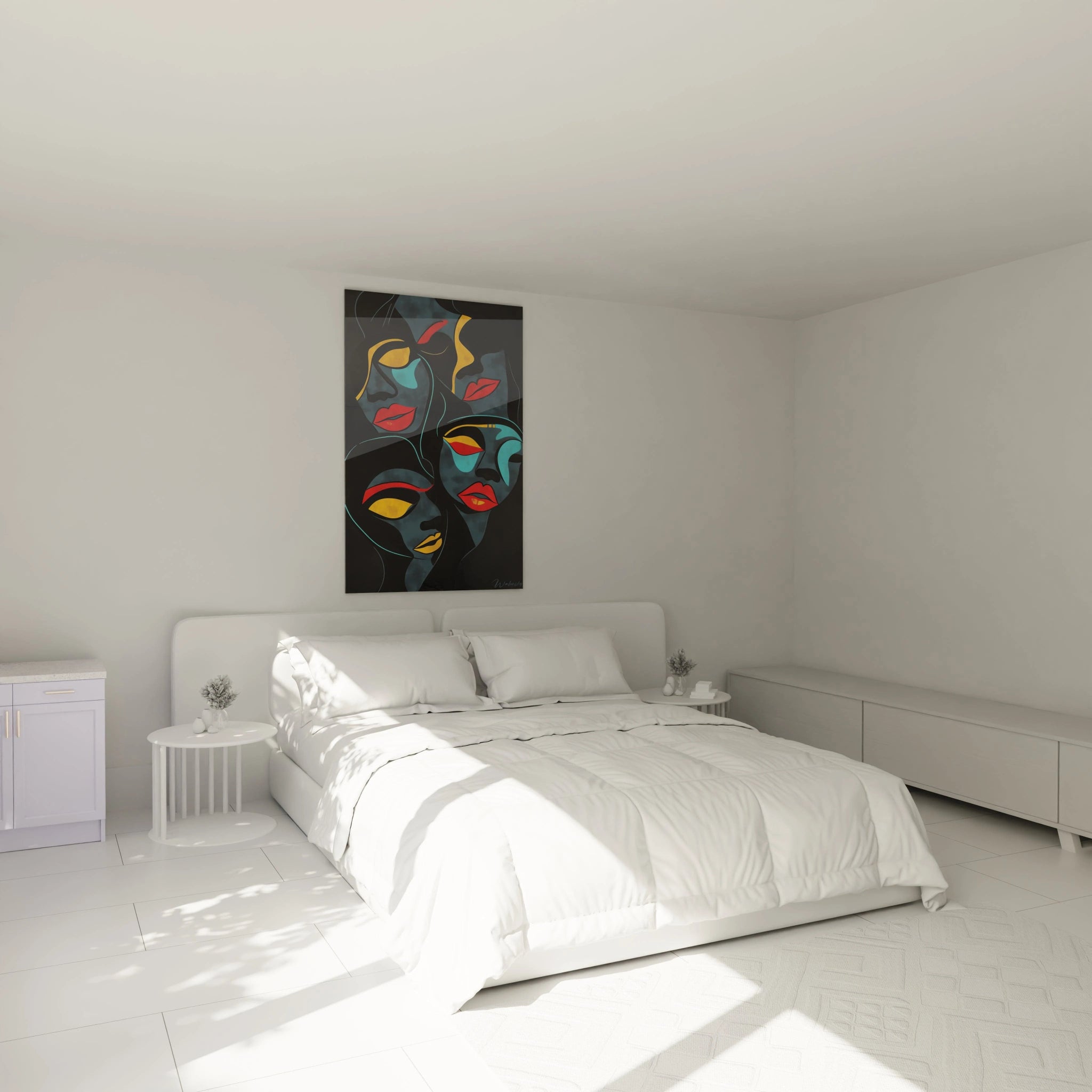 Tableau africain mural coloré Walensky décorant une chambre lumineuse avec lit blanc