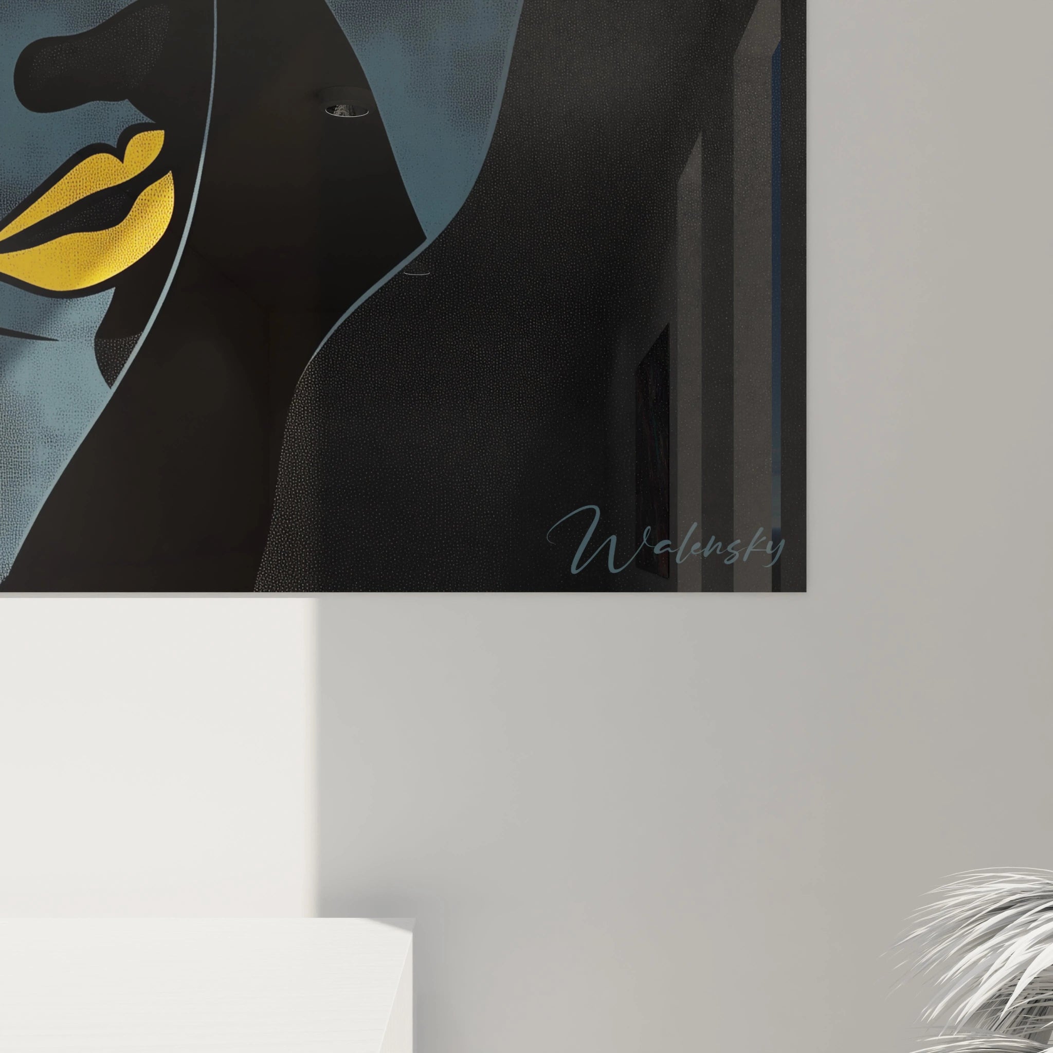 Tableau africain mural de Walensky avec portrait moderne aux lèvres jaunes sur fond sombre