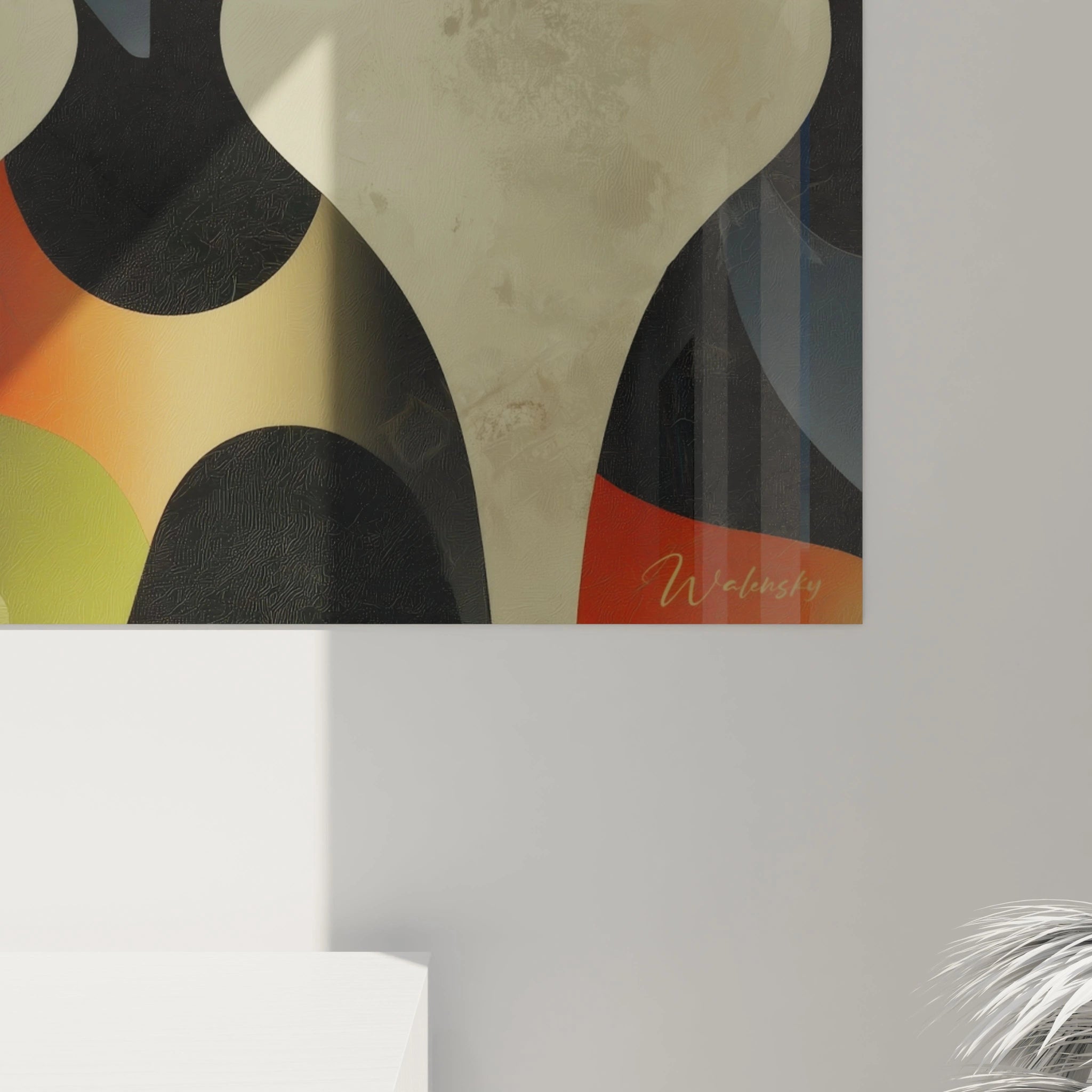 Tableau mural abstrait signé Walensky avec formes organiques, nuances ocres et noir, tableau art tribal pour salon