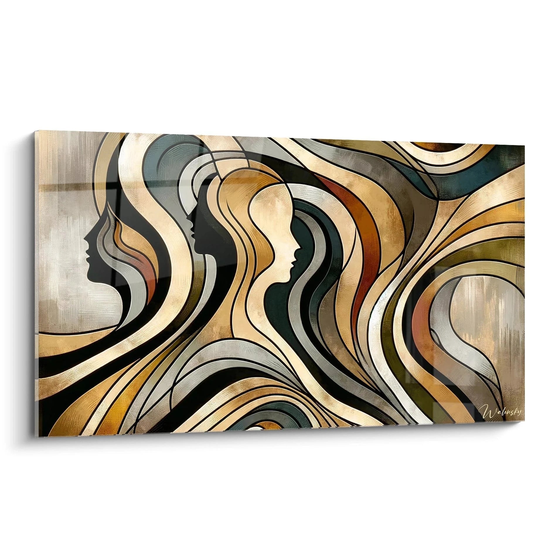 Tableau abstrait de silhouettes ondulantes. Palette de noir profond, or antique, gris acier et tons verts. Profils stylisés, lignes fluides entrelacées, textures métalliques et dégradés subtils.