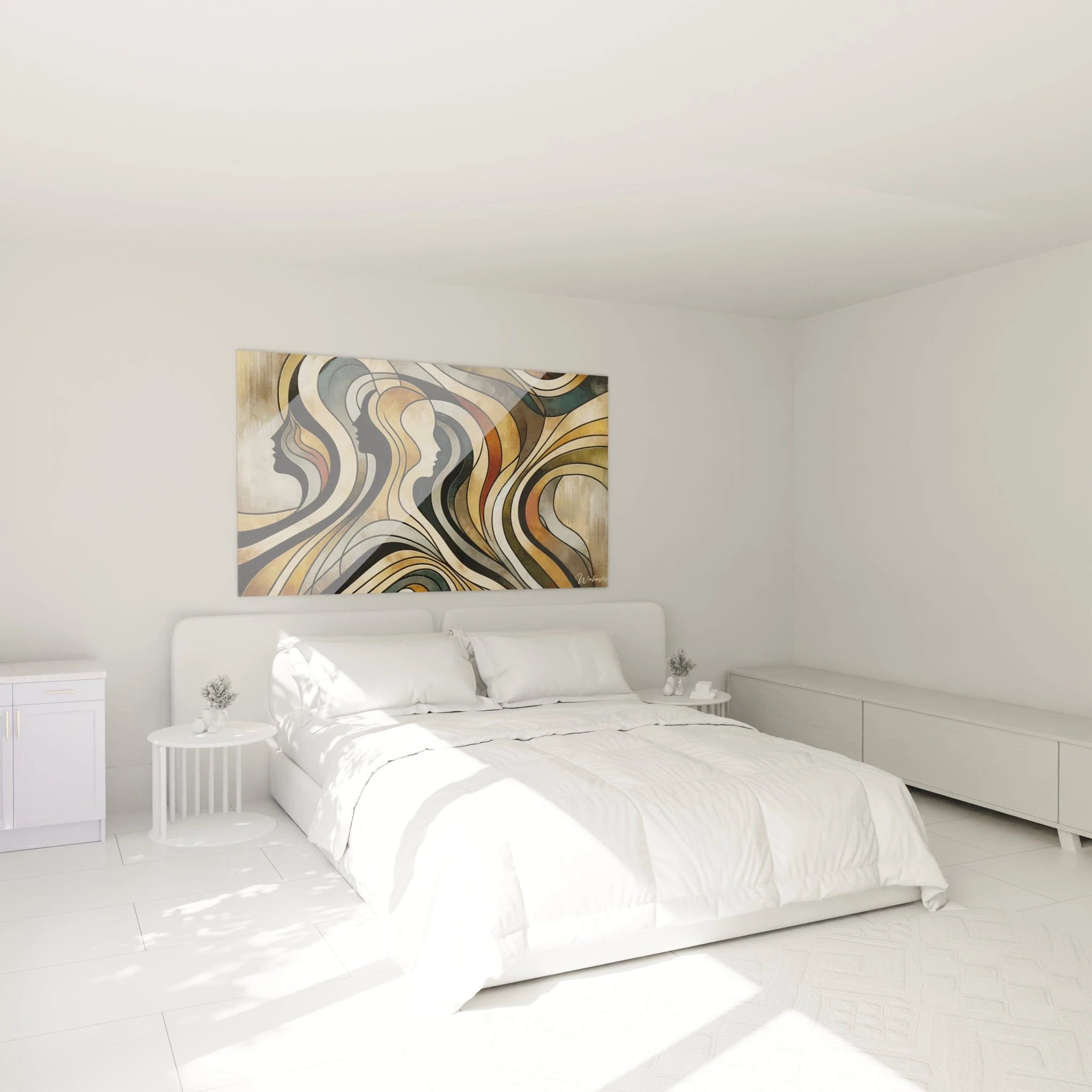 Tableau abstrait aux courbes organiques. Dominantes chromatiques noir, beige doré, gris nuancé et vert olive. Silhouettes fragmentées, mouvements sinueux, textures striées et métallisées.