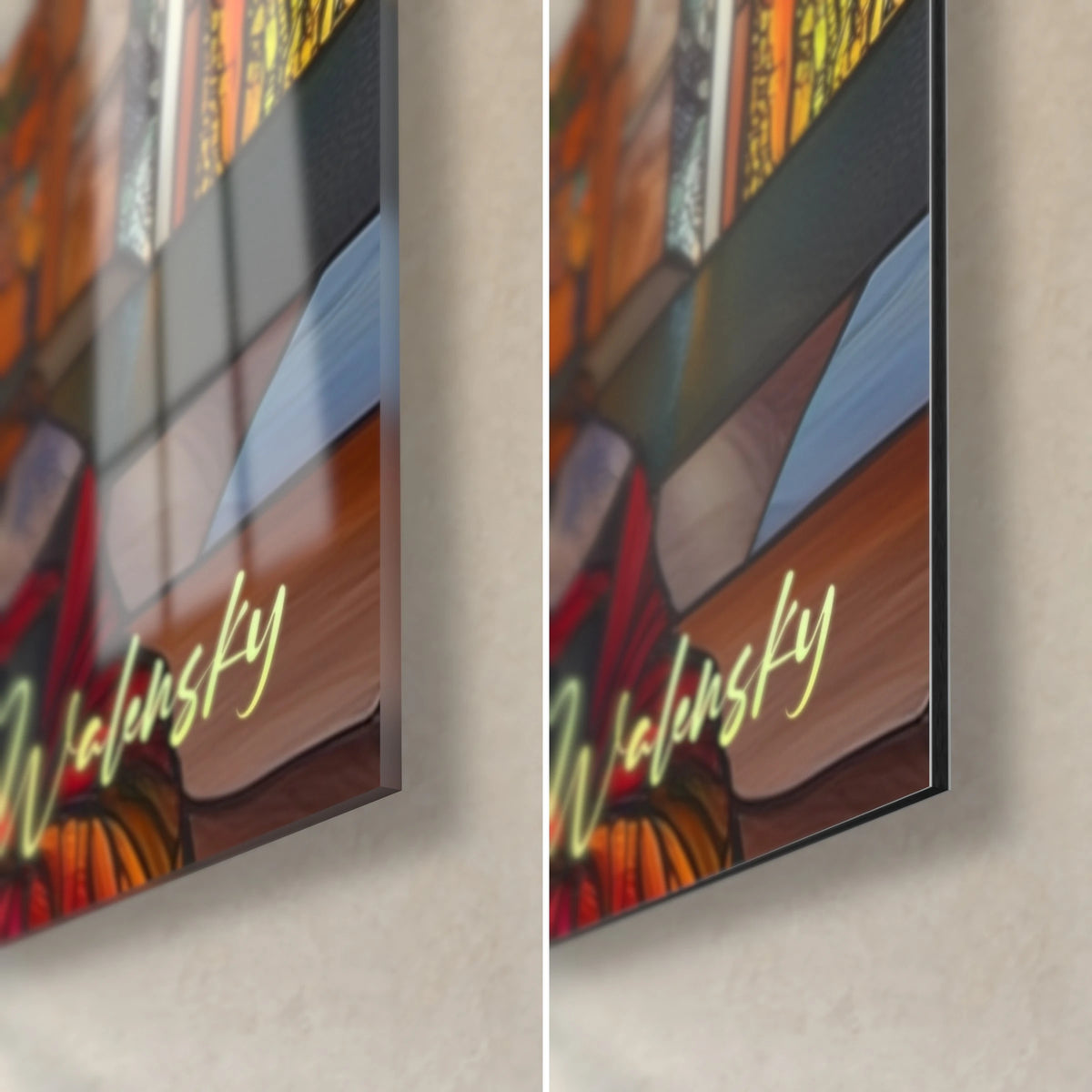 Wall art Arcadian landscape in stained glass, bottom right corner: red flowers and bright green leaves, 3 mm thickness, glossy glass and matte Dibond