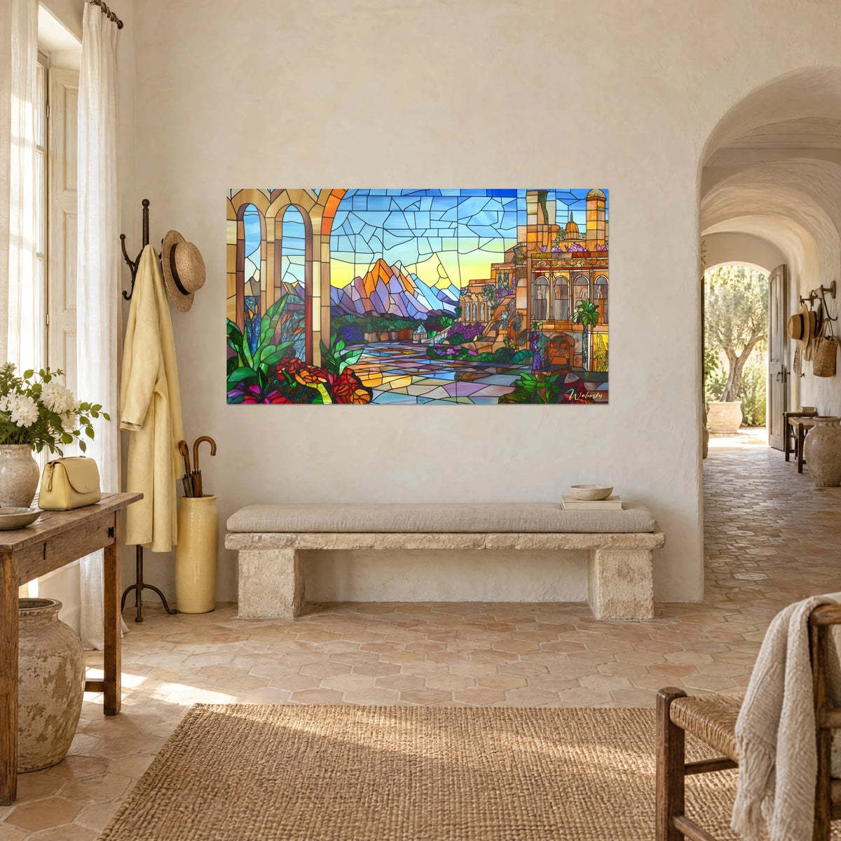 Quadro città arcadica in vetrata: vette lilla e ambra, palazzo dorato con balconi fioriti, cielo azzurro, casolare provenzale