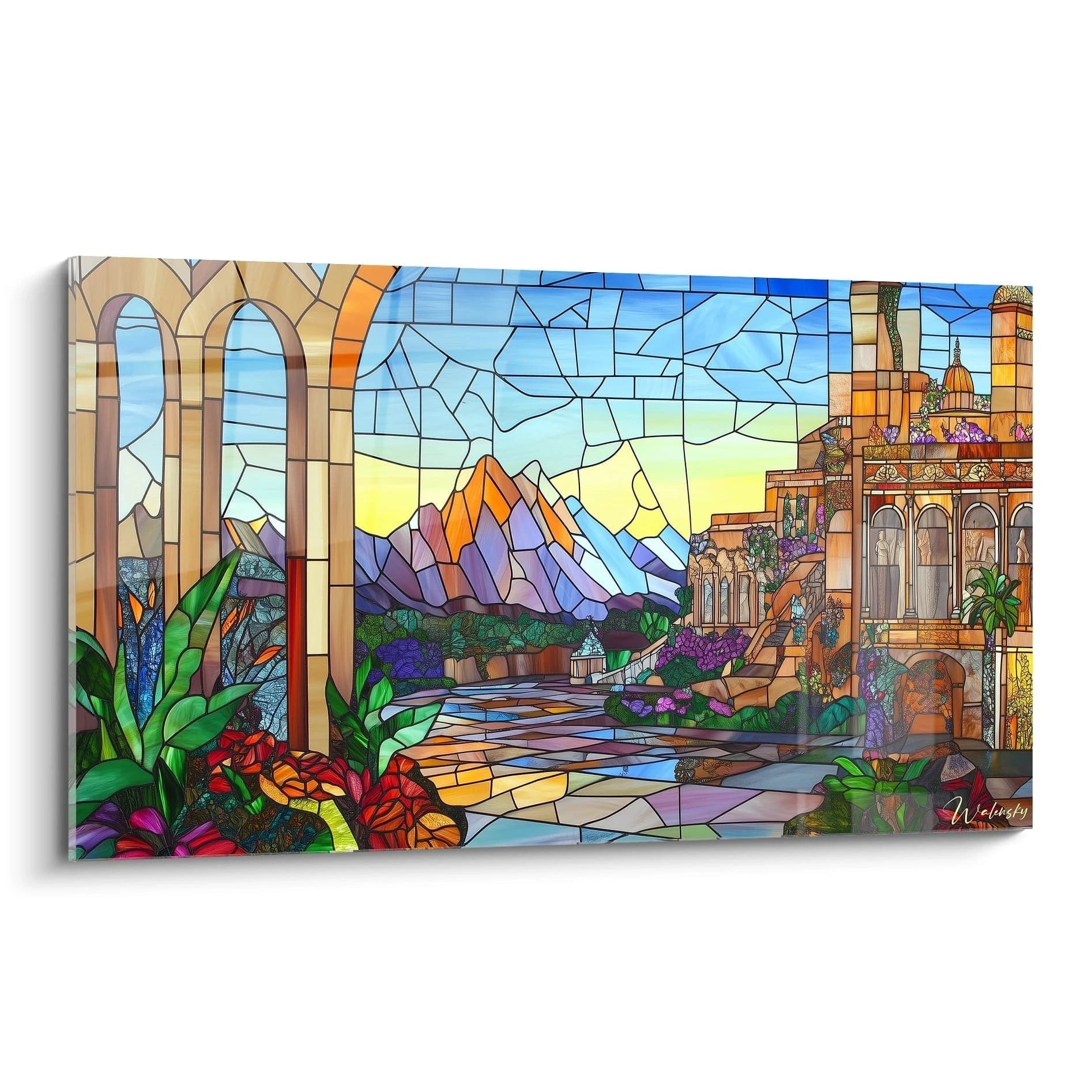 Un tableau vitraux représentant un paysage oriental avec des arches monumentales, un palais détaillé, des montagnes multicolores et une végétation luxuriante, le tout composé de segments colorés délimités par des lignes noires imitant le plomb des vitraux traditionnels.