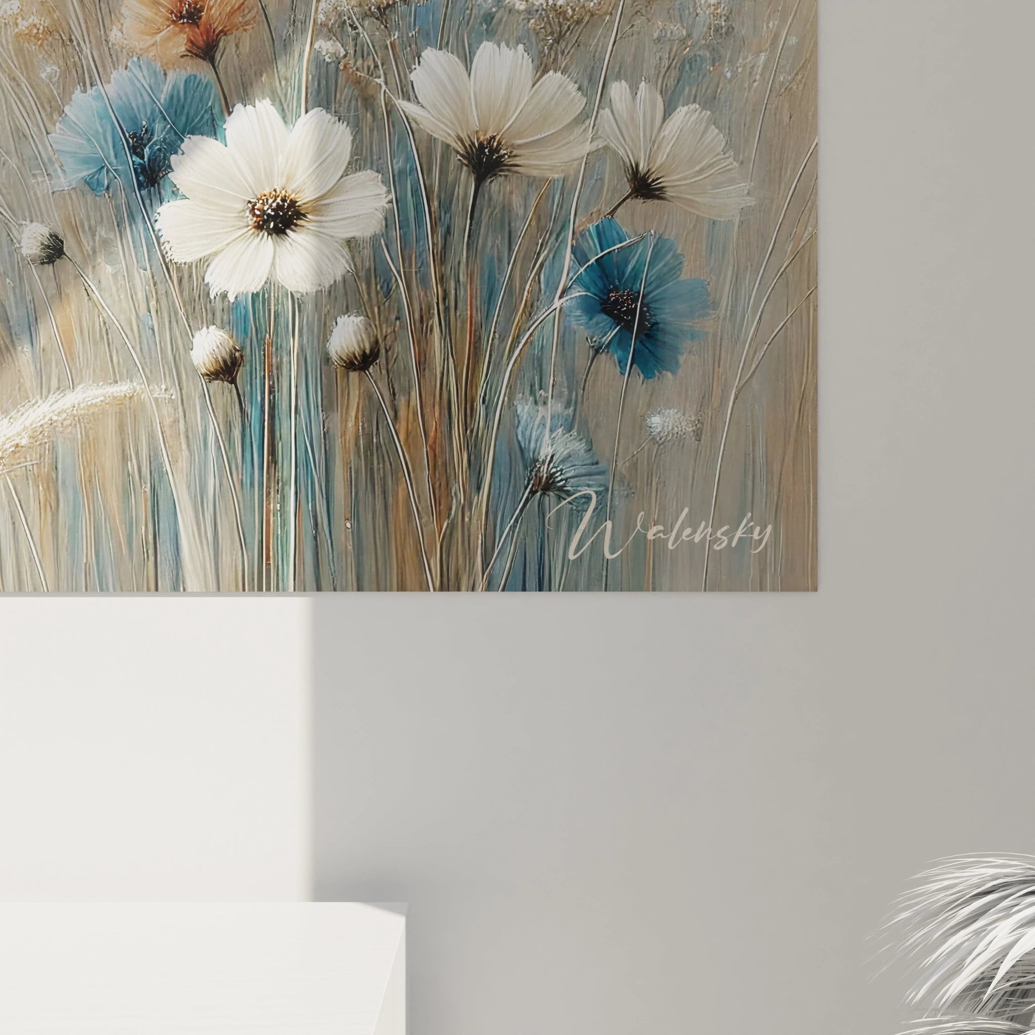 Plongez dans les détails de "Vision de Douceur". Les pétales délicats et les herbes dorées révÚlent le travail minutieux de l'artiste pour une ambiance naturelle.