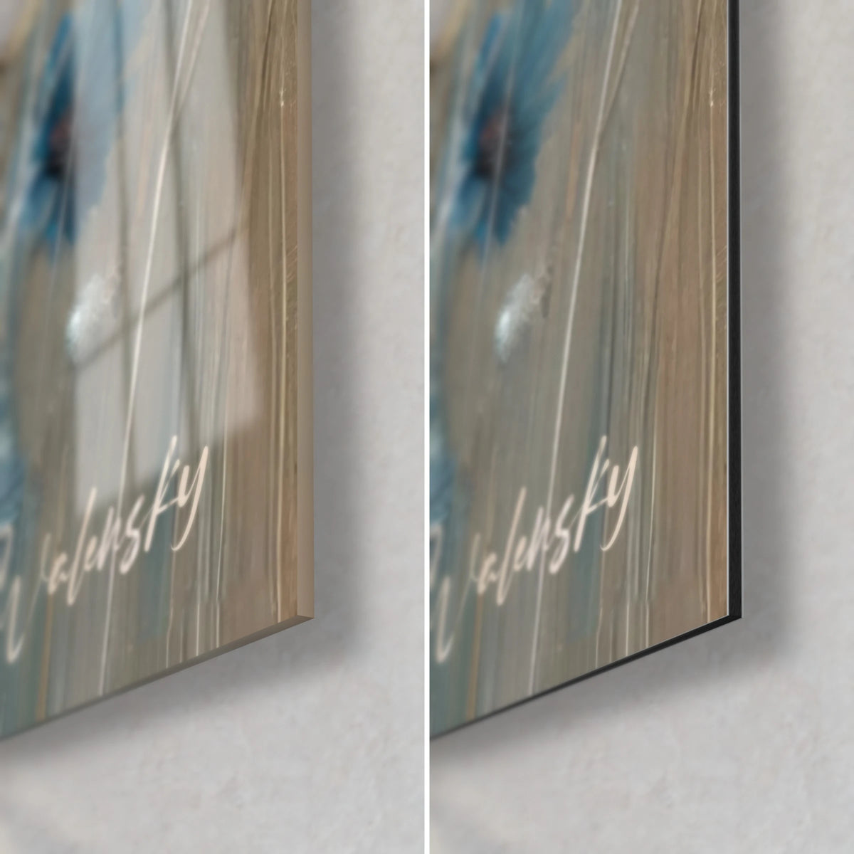 Wall art field of periwinkle blue and ivory flowers, bottom right corner: glossy glass with reflections, matt Dibond, 3 mm edge