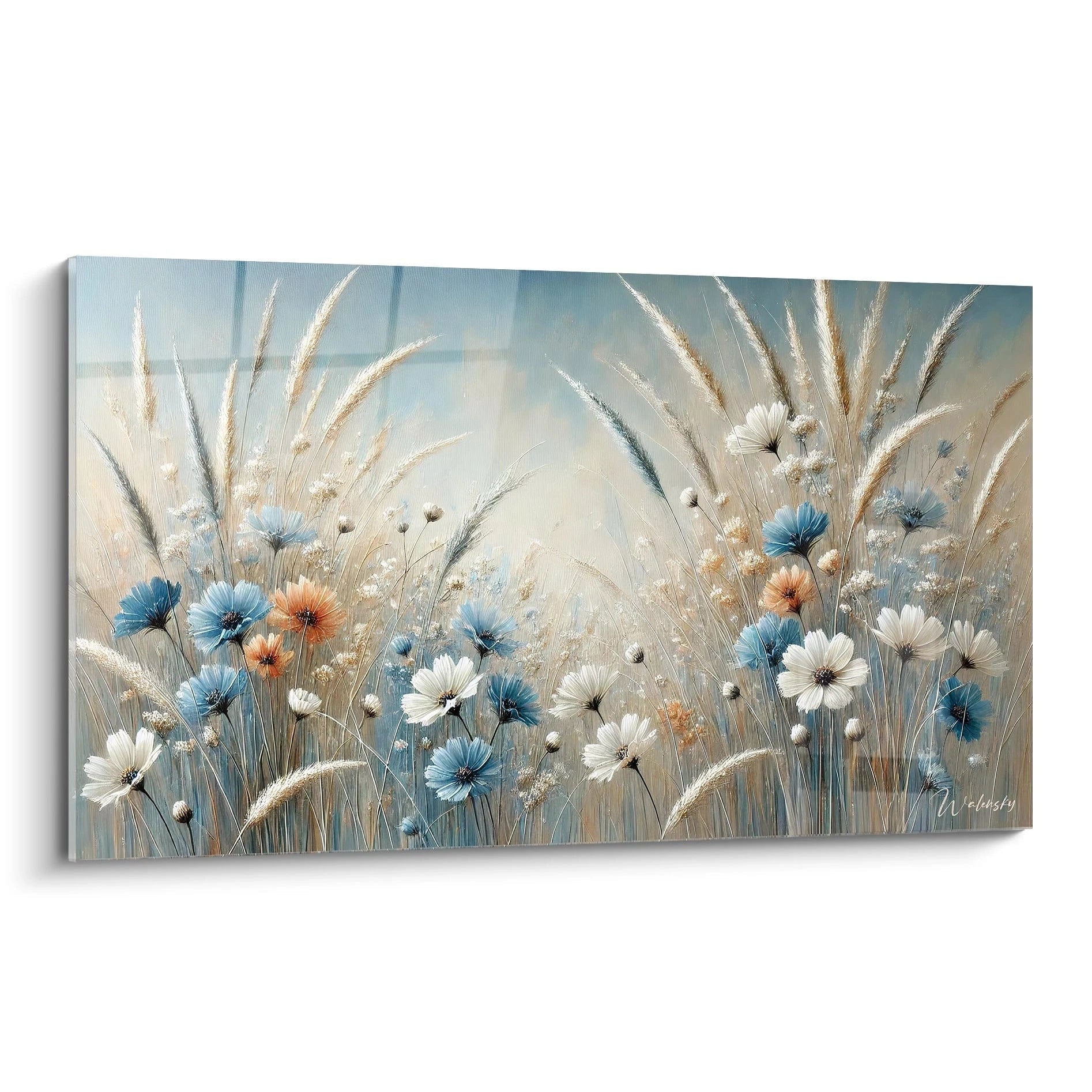 Admirez "Vision de Douceur", tableau champĂȘtre aux teintes pastel. Les fleurs sauvages et les herbes dorĂ©es Ă©voquent une atmosphĂšre de sĂ©rĂ©nitĂ© et d'apaisement.