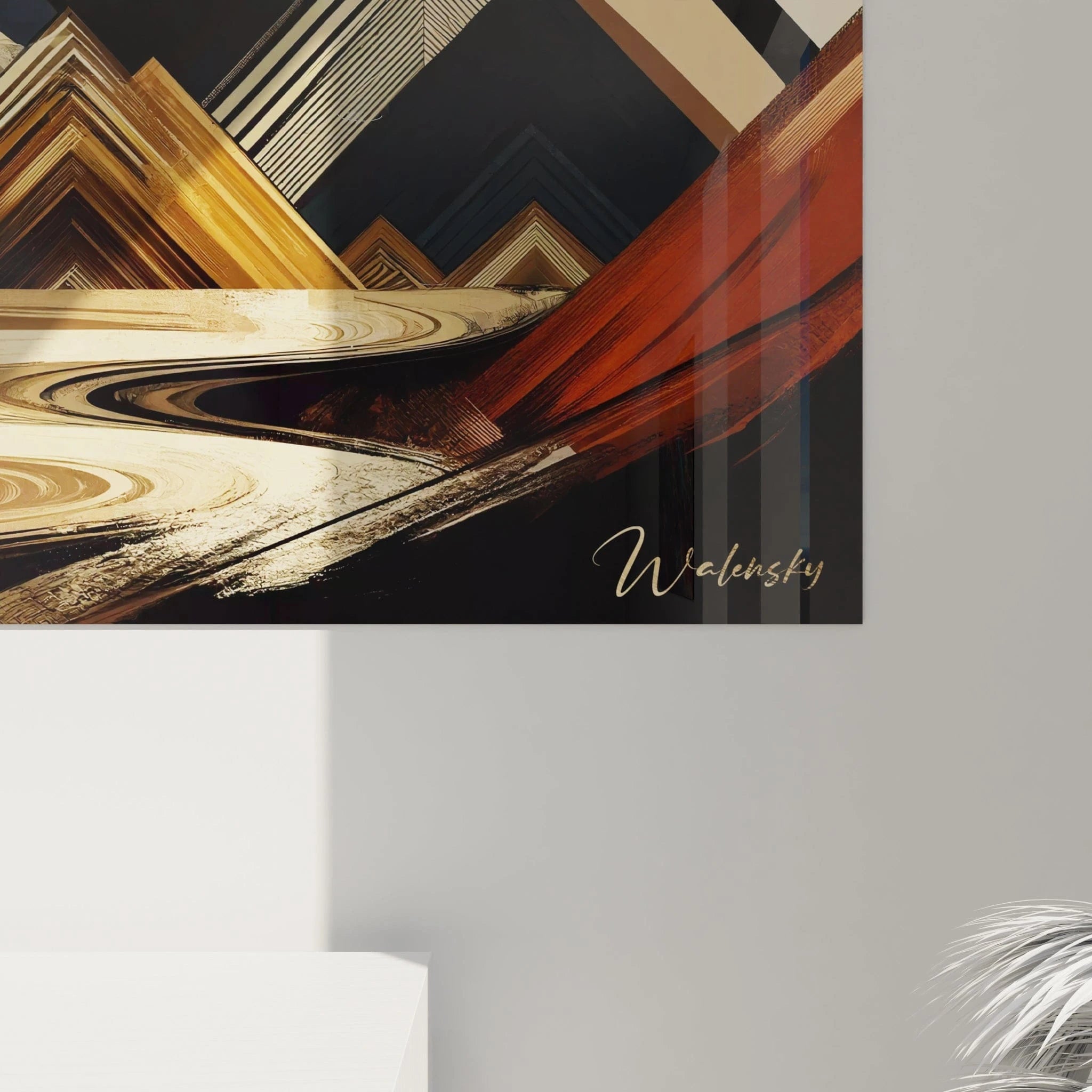 Un tableau abstrait composé de formes montagneuses et triangulaires, associant beige, noir, brun et doré, où alternent textures lisses, lignes fines, et effets visuels de relief sous un cercle stylisé.