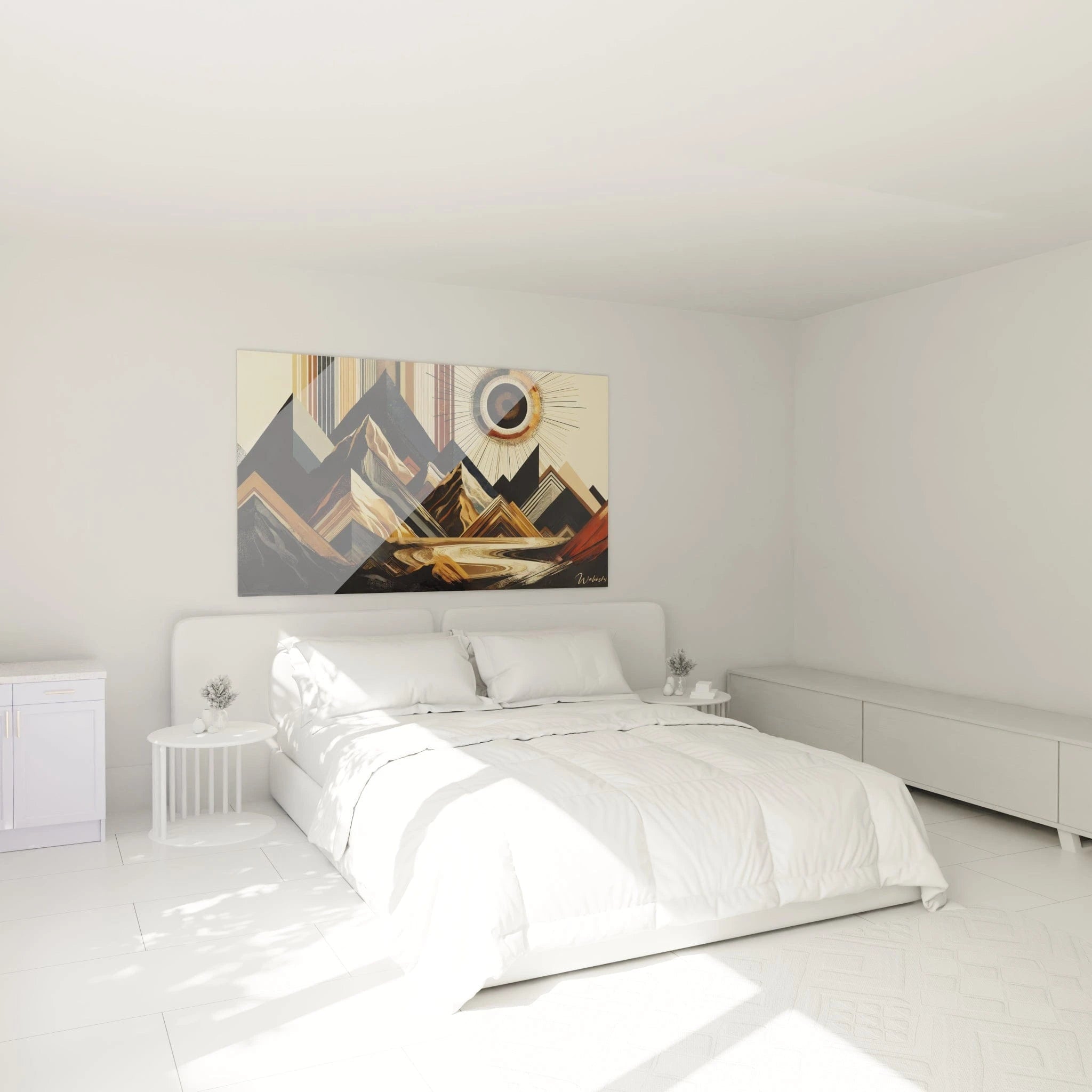 Un tableau abstrait représentant des montagnes géométriques accompagnées d'un soleil stylisé circulaire, dominé par des couleurs beige, noir, brun et or, aux textures striées et lisses.