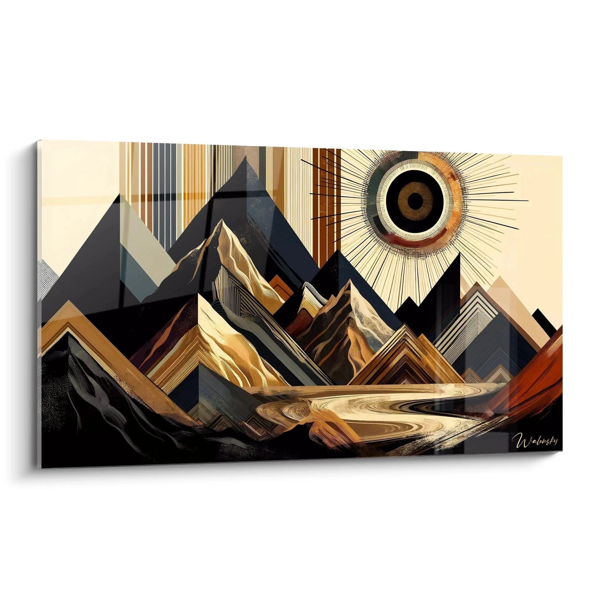 Un tableau abstrait montrant une chaîne de montagnes stylisées en tons noir, doré, beige et brun, avec des lignes droites et courbes créant des effets visuels de relief et de profondeur.