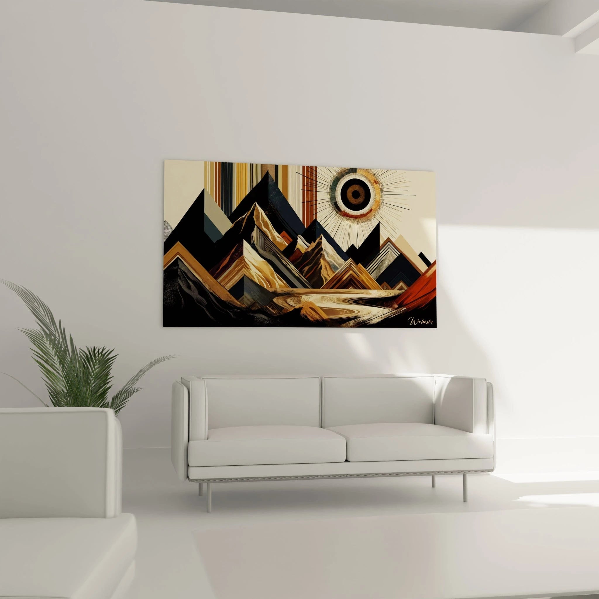 Un tableau abstrait illustrant des montagnes triangulaires structurées par des motifs géométriques et rayés, dans des nuances de beige, brun, noir et doré, avec un cercle rayonnant en arrière-plan.