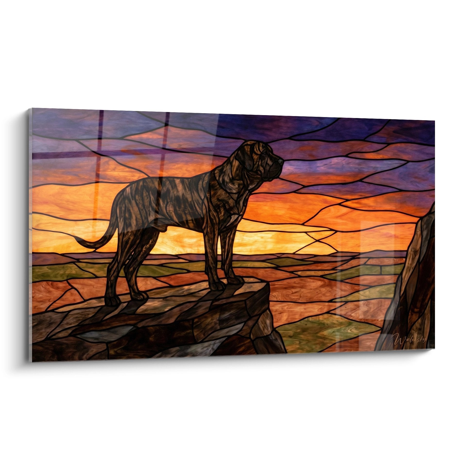 Tableau vitrail Fila Brasileiro coucher soleil oranges violets chien rocher art decoratif