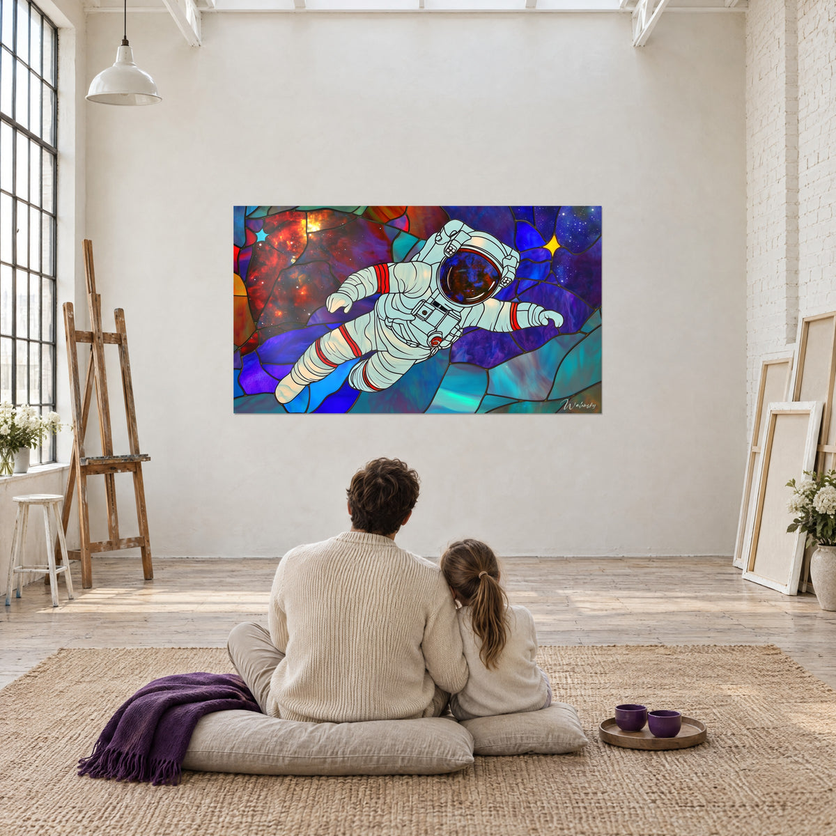 Wall art of a spacewalk in stained glass, cream spacesuit, violet sky dotted with stars, gazed at by a father and his daughter from behind in the loft