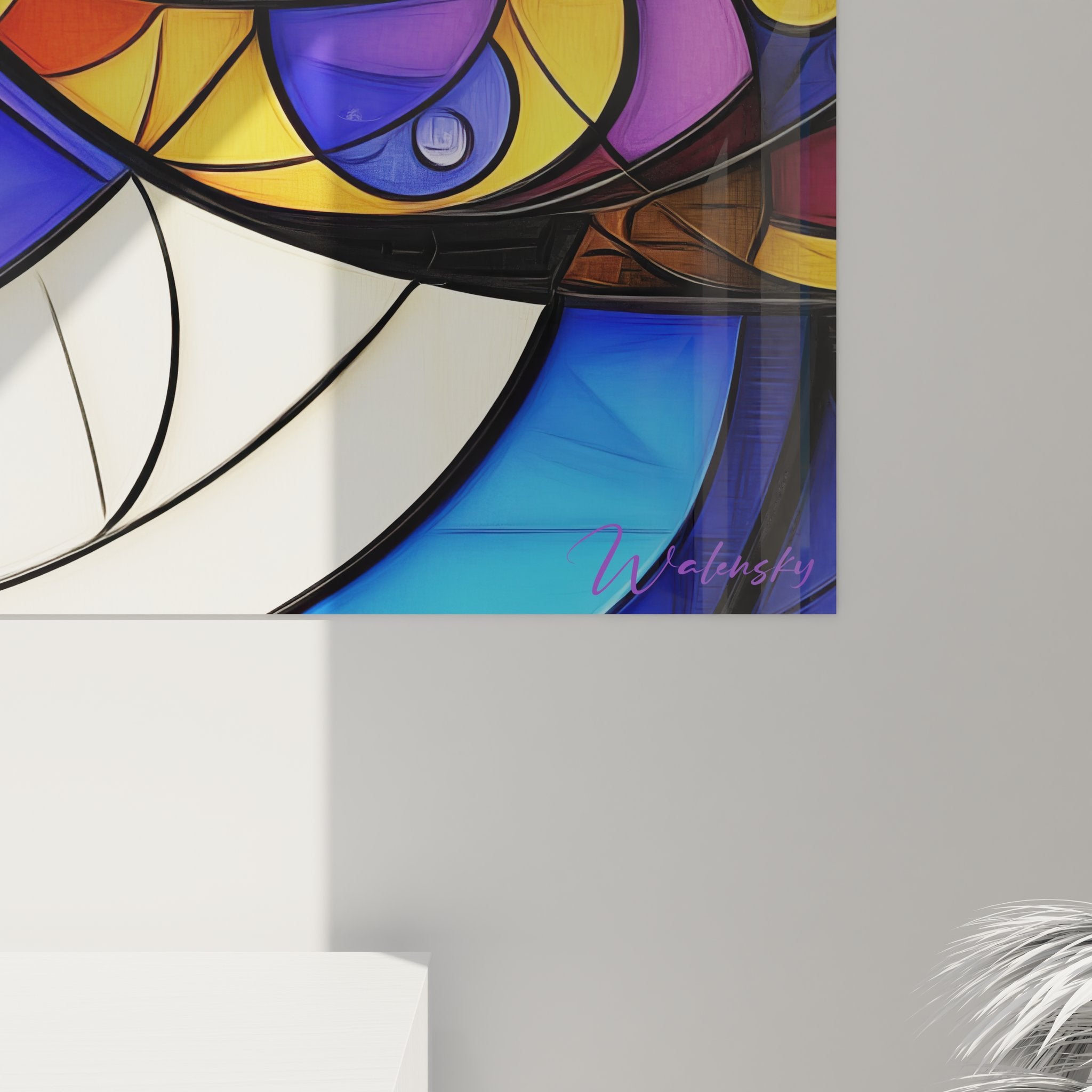 Vue ensemble tableau vitraux composition abstraite spirales dans décoration intérieure