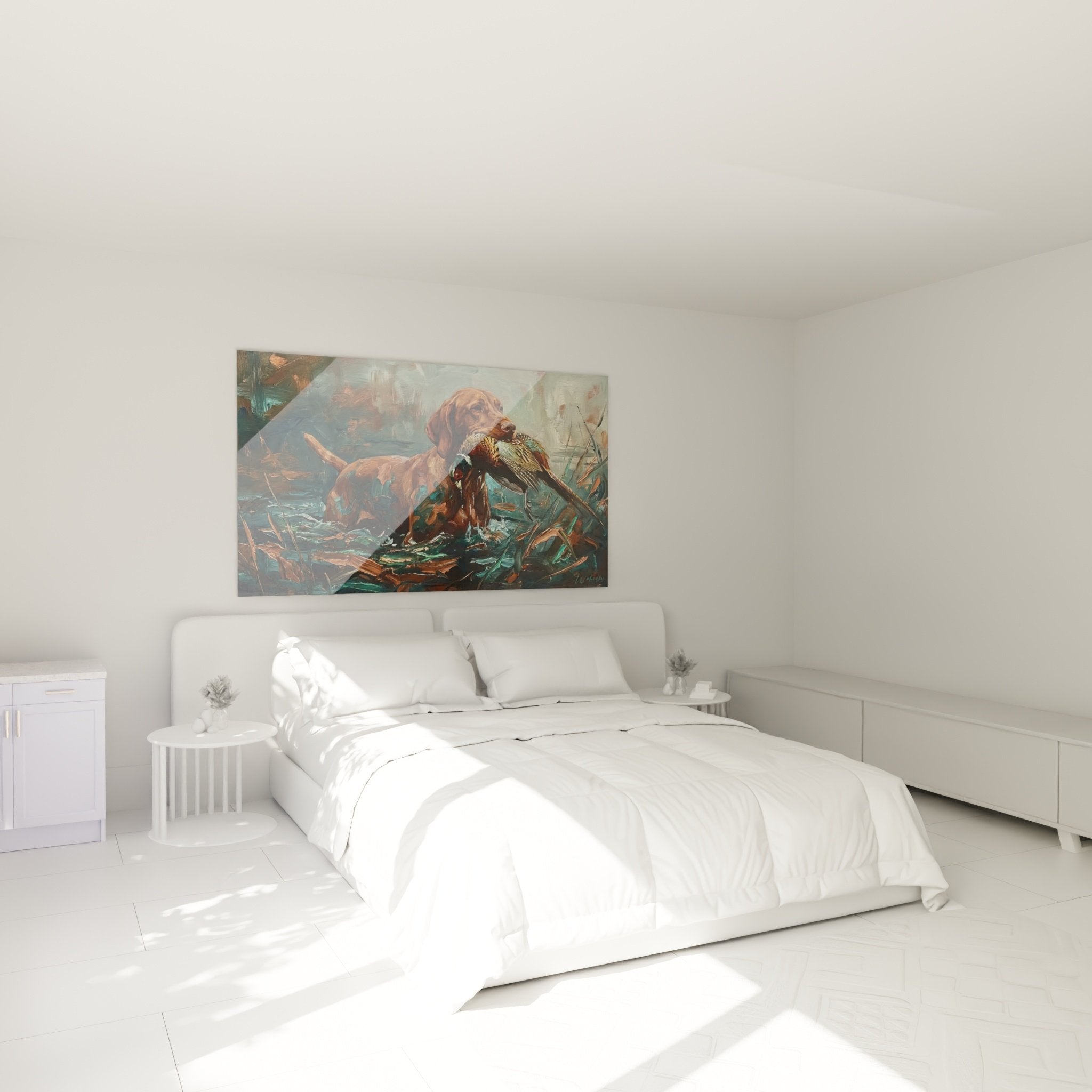 Tableau de chasse avec Vizsla dans une chambre moderne aux murs beiges
