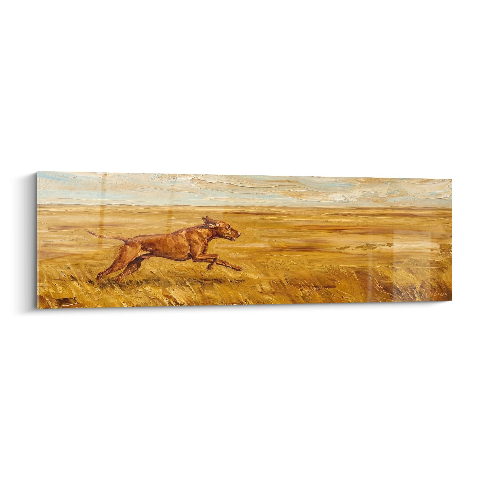 Tableau Vizsla roux bondissant dans prairie dorée tons ocre style pictural expressif format panoramique