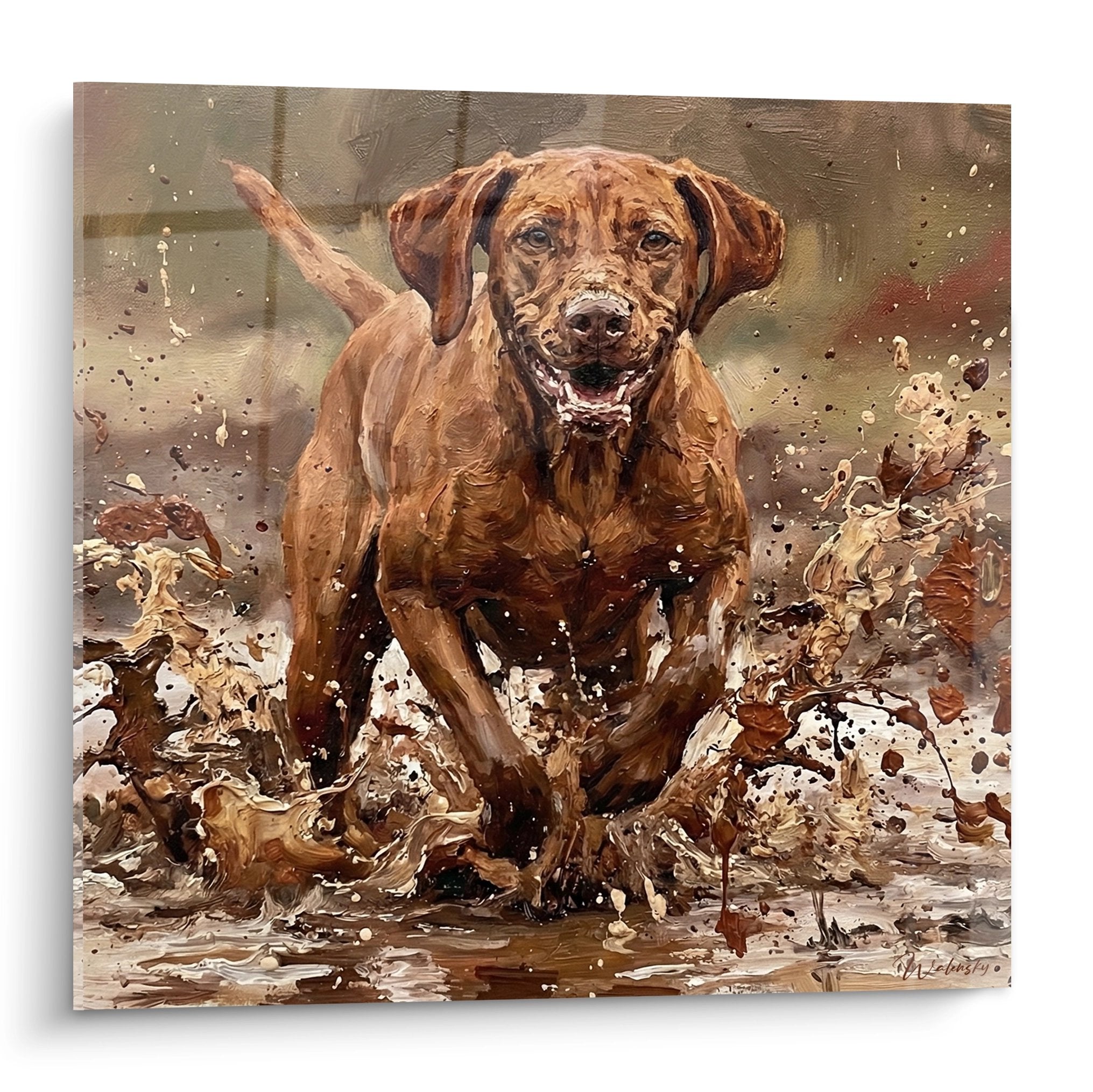 Tableau artistique Vizsla roux émergeant de l'eau avec éclaboussures dynamiques peinture expressionniste