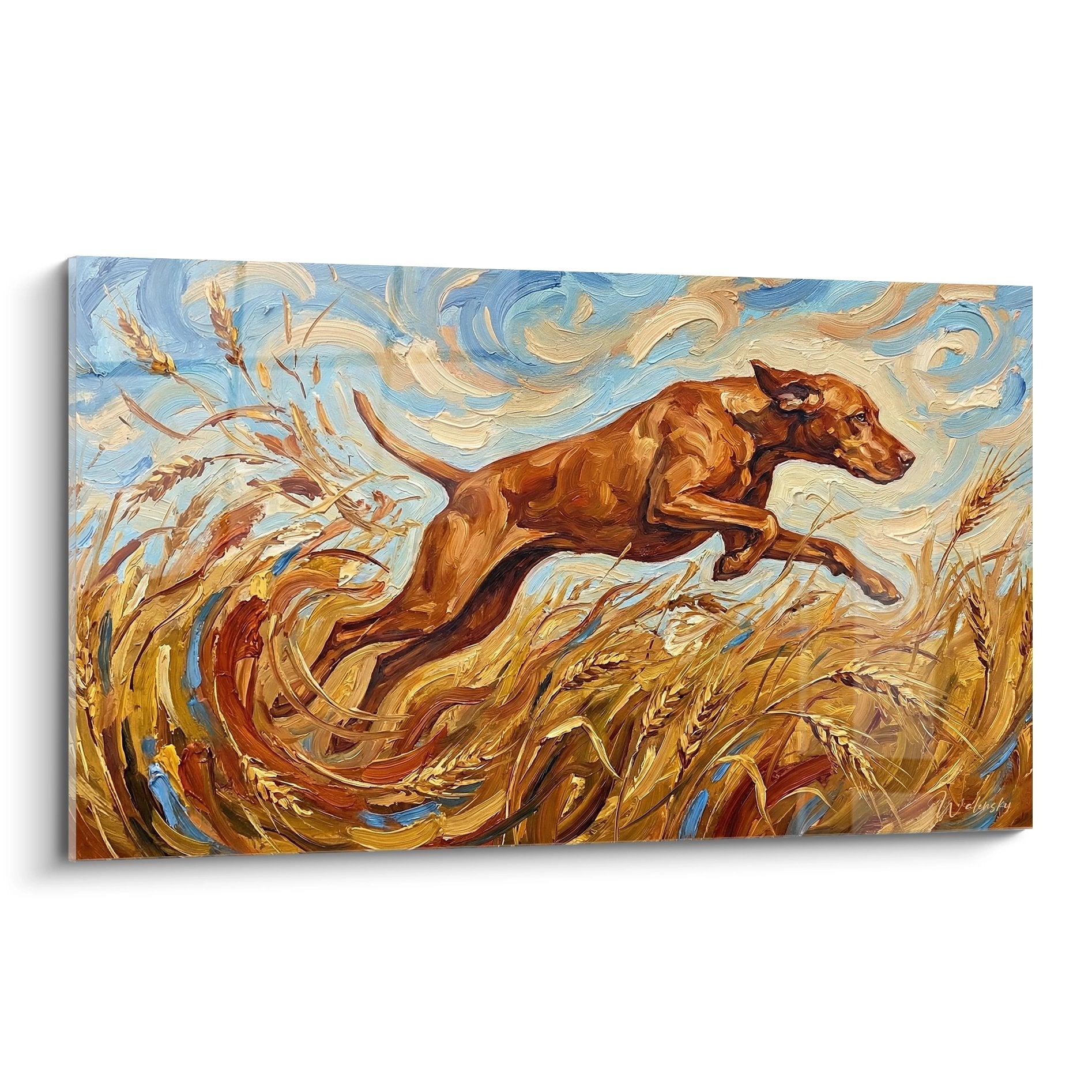 Tableau expressionniste chien Vizsla roux bondissant dans champ de ble dore mouvement dynamique