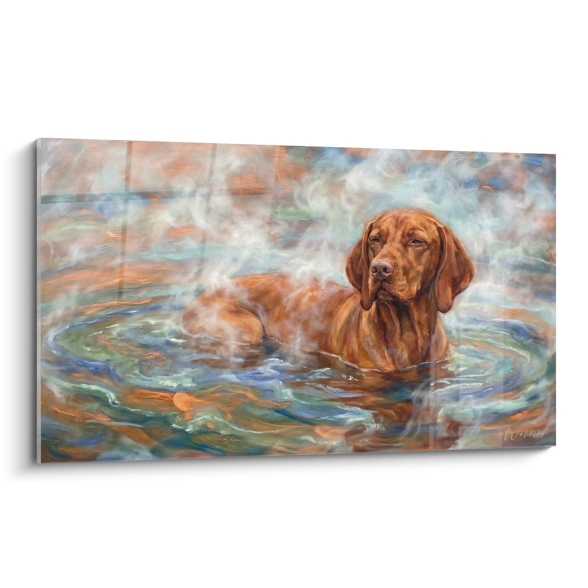 Tableau peinture Vizsla roux se baignant dans eau cristalline aux reflets bleus et dorés, art animalier aquatique