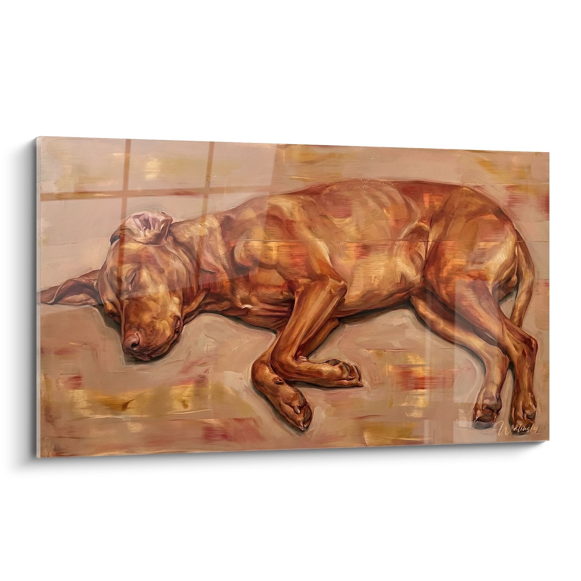 Tableau chien Vizsla roux endormi tons cuivrés dorés sur carrelage beige ambiance chaleureuse