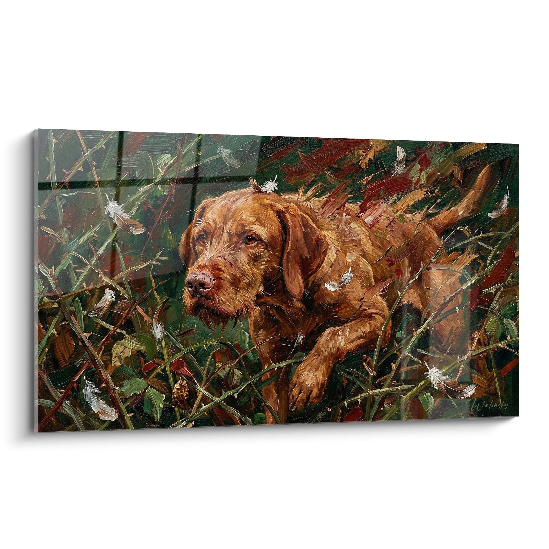 Tableau peinture Vizsla roux dans hautes herbes avec plumes blanches, style expressif tons automnaux chauds