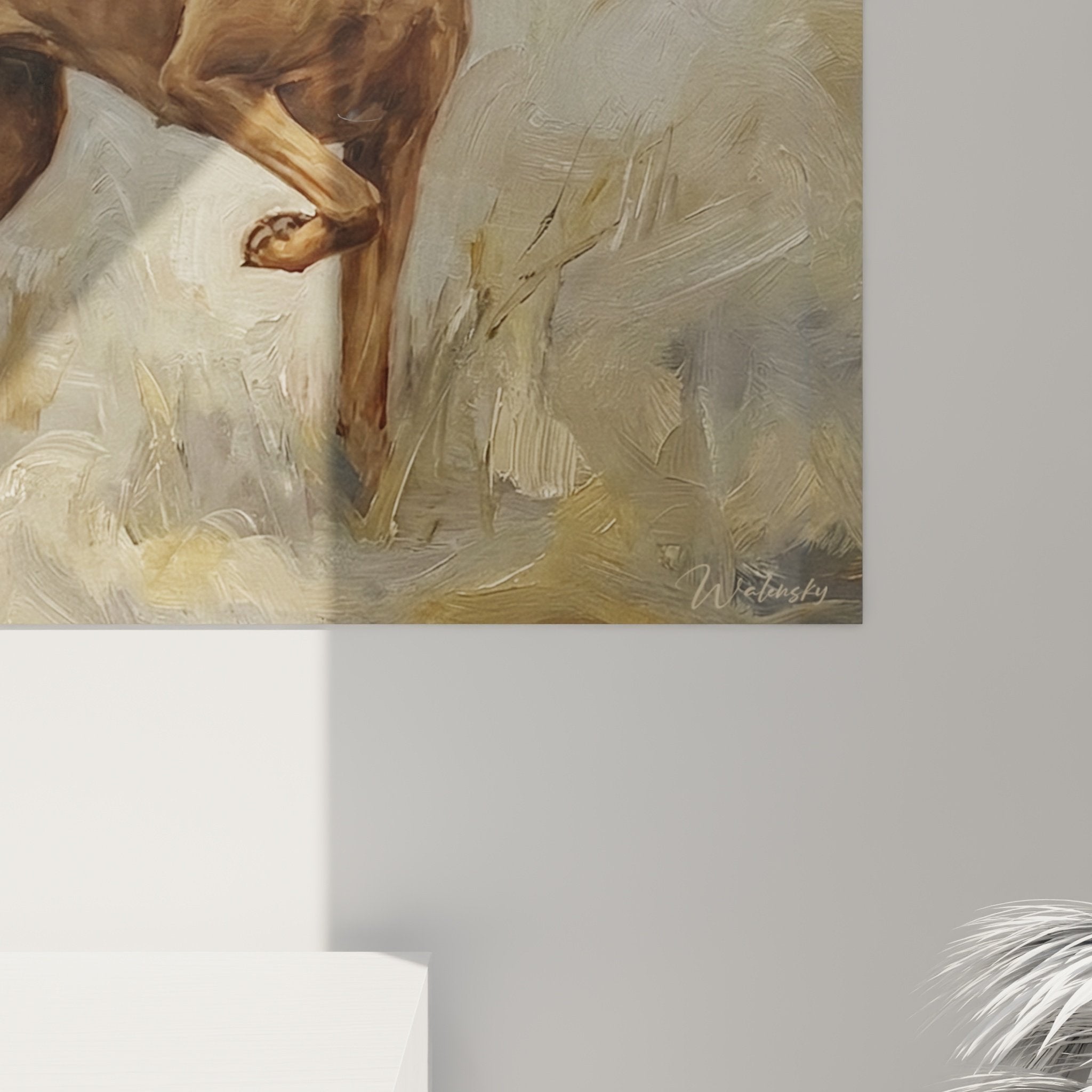 Übersichtsansicht des Vizsla-Gemäldes im zeitgenössischen Wohnzimmer, Harmonie von neutralen und rostfarbenen Tönen