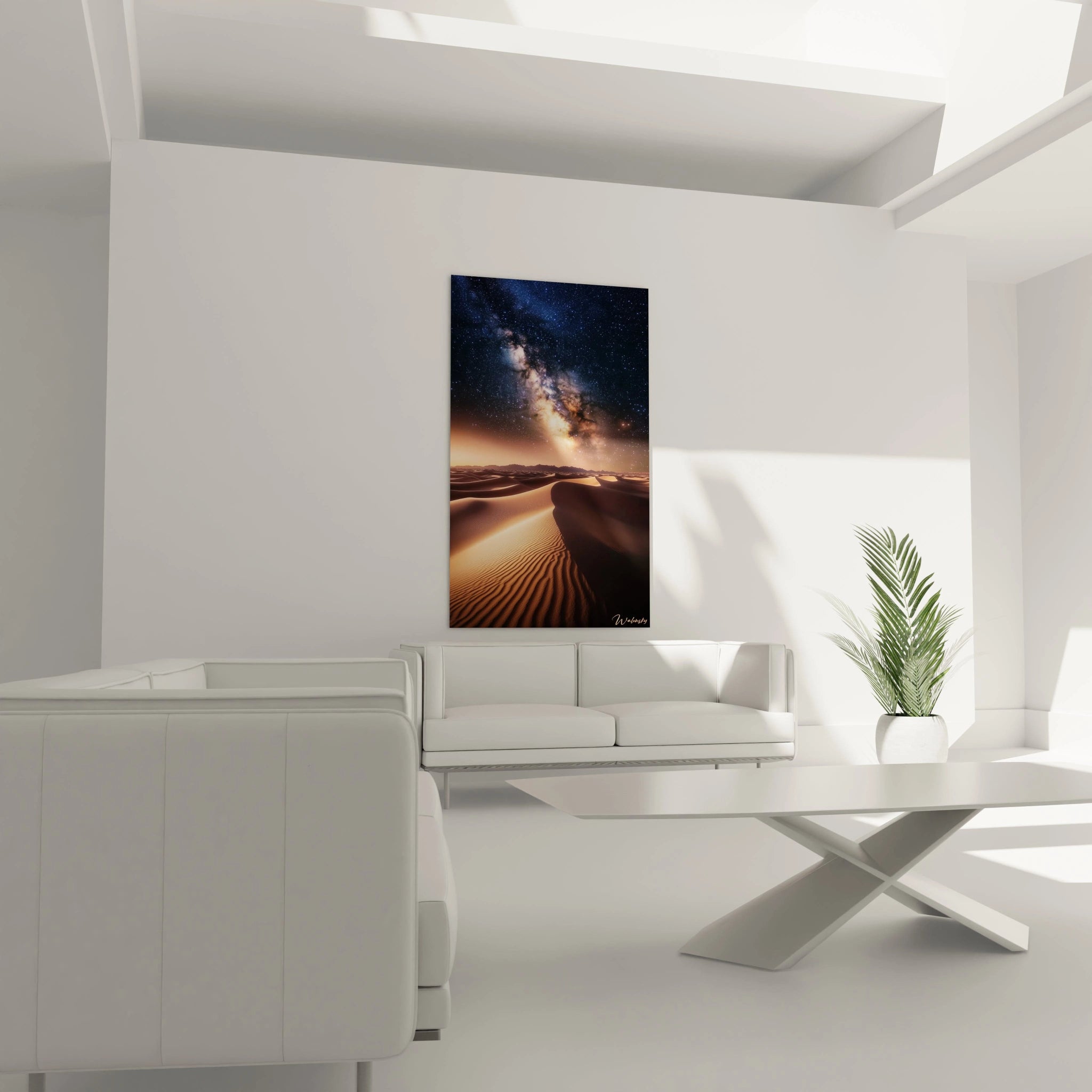 Un tableau espace illustrant un paysage désertique sous une voie lactée éclatante, avec des couleurs dominantes bleu nuit, or et noir, et une texture douce du sable opposée à la netteté des étoiles.