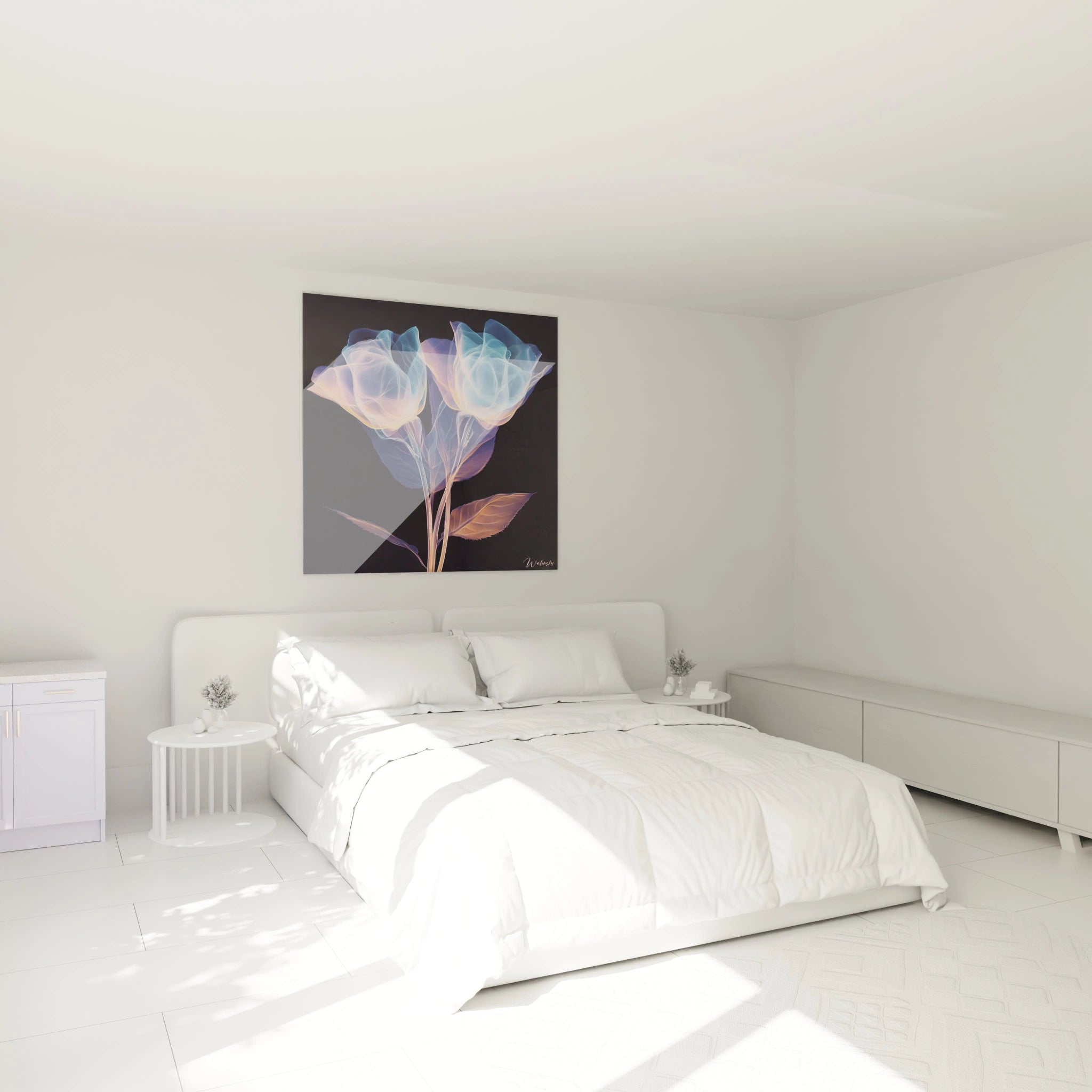 Un tableau fleurs luminescentes représentant un duo floral éthéré aux teintes bleu glacier et orange pâle. Les fleurs semblent émaner leur propre lumière contre le fond obscur, avec des pétales transparents aux contours brillants et des tiges élancées finement dessinées.