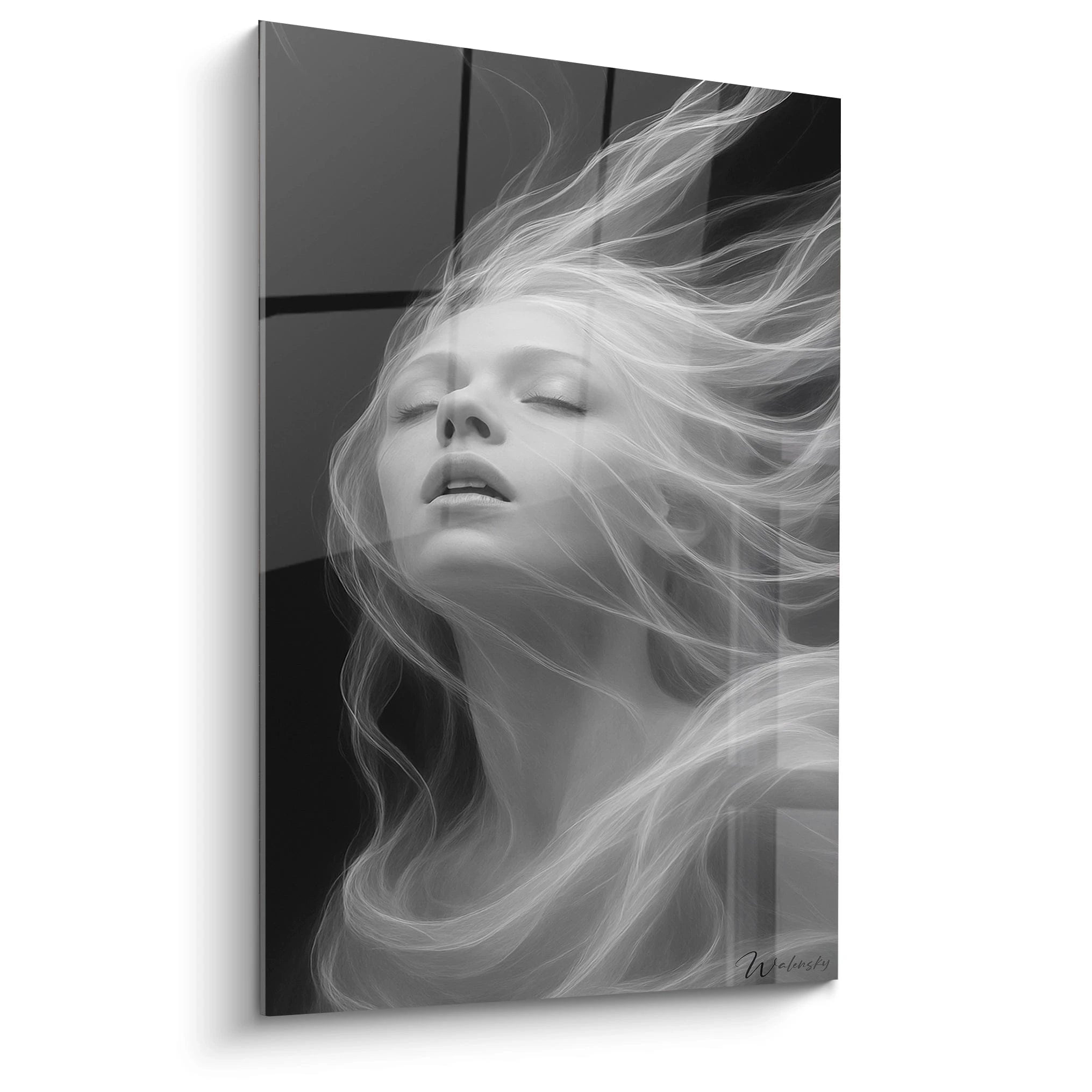 Un tableau visage éthéré monochrome présentant un profil féminin aux yeux clos, avec des cheveux blancs flottants qui semblent en mouvement. Les contrastes entre noir profond et blanc lumineux créent une atmosphère mystérieuse et des textures vaporeuses sur fond sombre.